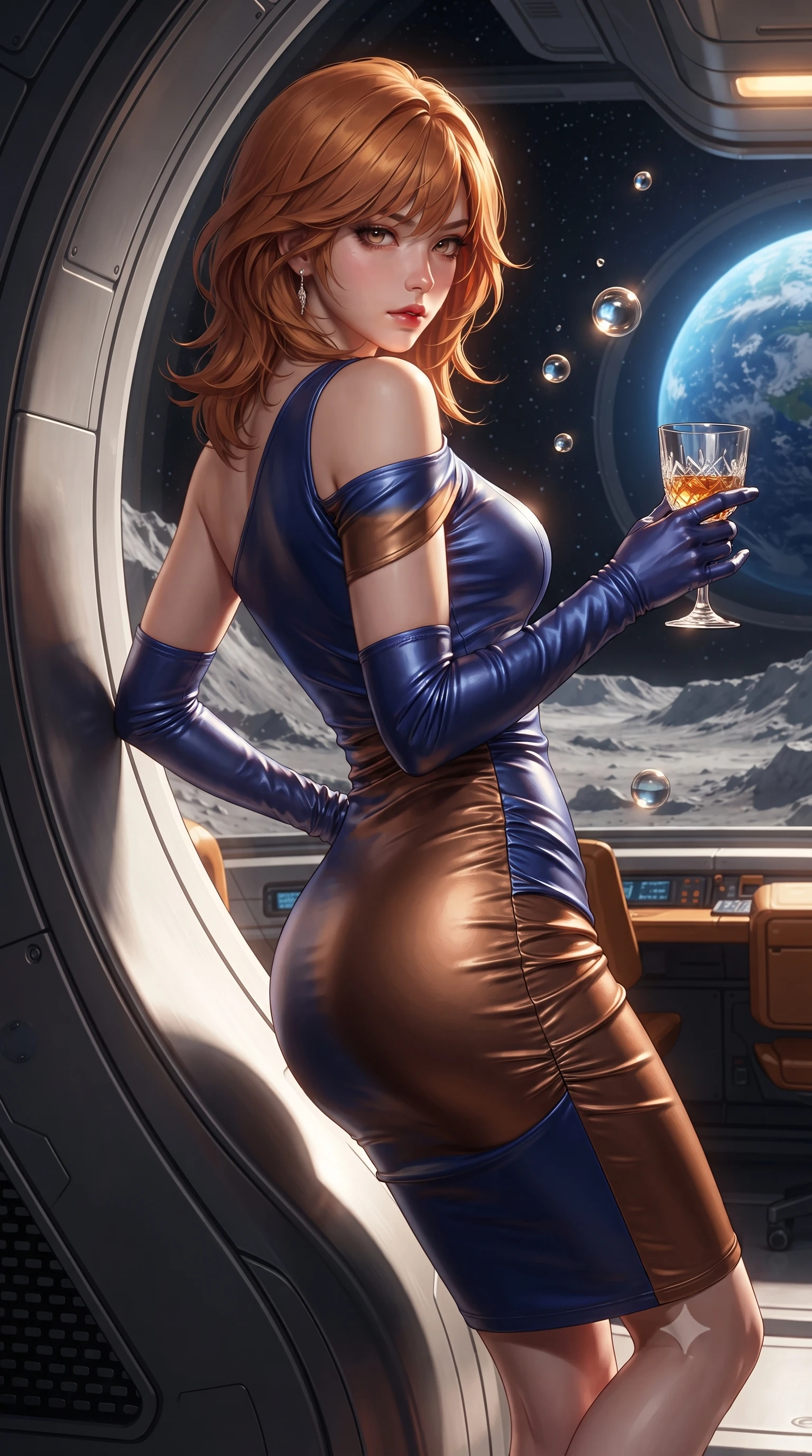 score_9, masterpiece, best quality, ultra-detailed, high-budget anime keyframe, editorial fashion photography, tasteful artistic composition, Korean woman. close-up cowboy shot from the waist and thighs up, the character dominates the composition, filling the frame with her large presence. twisting her slender torso in a deep contrapposto stance, hips dramatically shifted to accentuate her feminine curves while looking past her shoulder with smoldering bedroom-eyes while leaning back against the curved titanium observation bulkhead with hips cocked, casting an alluring, sovereign bedroom-gaze past floating zero-G liquid mercury spheres. The surrounding environment is rendered in vivid detail and crisp panoramic clarity. sharp quartz viewport frame rivets, floating crystal spheres, and lunar crater ridge shadows in deep focus. She has an exceptionally elegant, slender, and willowy female figure with an ultra-slim waist, flat toned midriff, narrow ribcage, and sculpted feminine hips creating an alluring, slim hourglass silhouette without bulk. sharp v-shaped jawline, high-bridge nose, intricate jewel-like eyes with depth, thick eyelashes, glossy parted lips with a natural sheen, intensely captivating and seductive bedroom-eyes expression, flawlessly proportioned anatomical accuracy, strict slender model proportions, natural body alignment, perfectly sculpted long slender limbs, ultra-slim waistline, clean dynamic posture without body distortion. wearing a form-contouring cocktail dress with an asymmetrical open shoulder and hip-defining ruching in royal sapphire blue and liquid bronze, formed from supple second-skin lambskin leather with specular sheen, accessorized with opera-length satin gloves and a vintage crystal glass, the second-skin form-contouring cut accentuating her sculpted flat midriff, narrow delicate ribcage, and gracefully curvy hips with supermodel precision. bathed in ethereal sapphire planet-shine from Earth contrasting with warm amber cabin reading spots. ultra-reflective glossy finish, specular highlights, rich textural contrasts, high-contrast stereoscopic depth, volumetric dynamic lighting, 2k, ultra detail, master piece, 9:16 ratio
