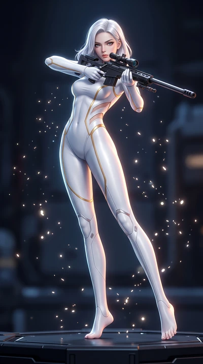 score_9, masterpiece, best quality, ultra-detailed, high-budget anime keyframe, semi-realistic 3D game render, editorial fashion photography, tasteful artistic composition, Caucasian woman. low angle full-body shot from head to toe showing her feet, 
