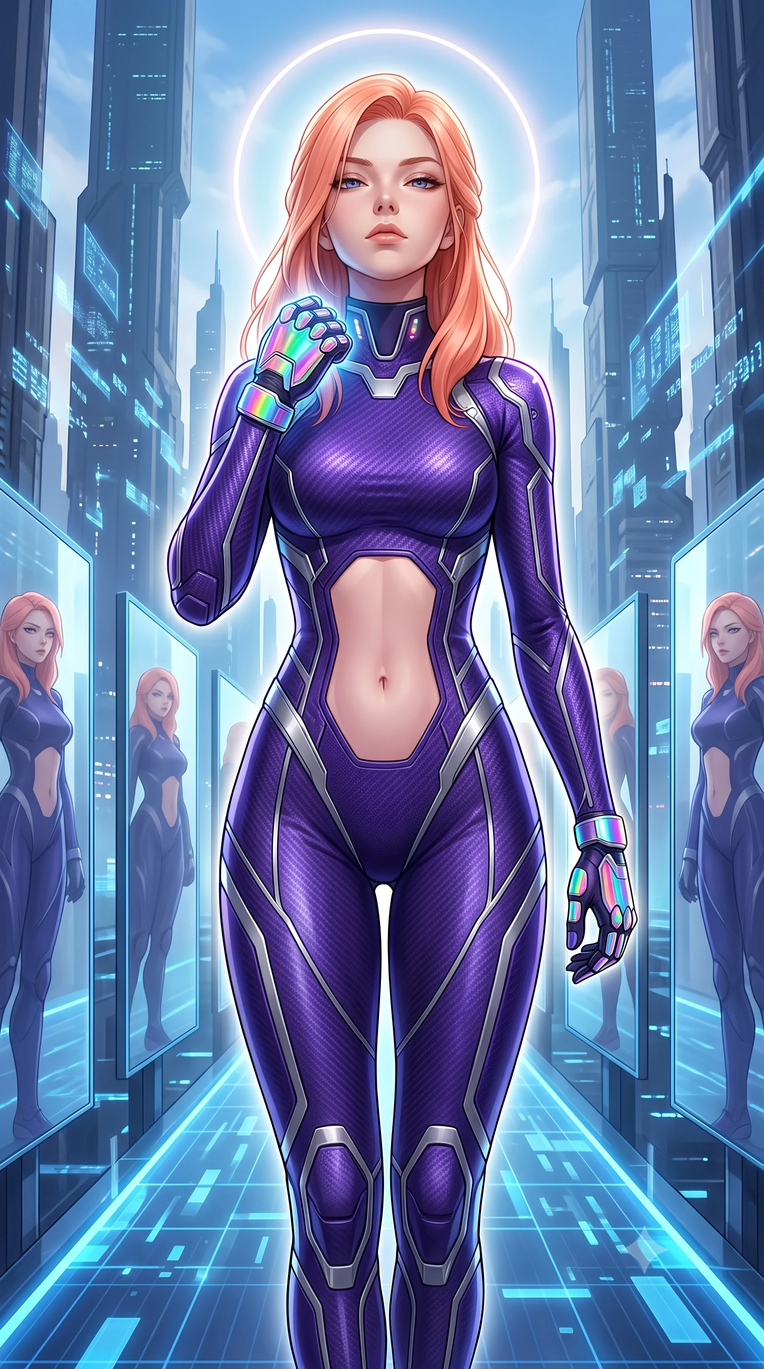 score_9, masterpiece, best quality, ultra-detailed, high-budget anime keyframe, semi-realistic 3D game render, editorial fashion photography, tasteful artistic composition, Japanese woman. close-up cowboy shot from the waist and thighs up, the character dominates the composition, filling the frame with her large presence. tilting her head back with serene warrior composure, her sharp jawline and sculpted collarbones highlighted by glowing neon kinetic knuckles while stepping along a glowing blue data pathway with effortless sovereign grace as matrix mirrors reflect her silhouette. The surrounding environment is rendered in vivid detail and crisp panoramic clarity. vibrant high-contrast cybernetic lighting and monumental quantum architecture in panoramic precision. She has an exceptionally elegant, slender, and willowy female figure with an ultra-slim waist, a gracefully sculpted slender torso, toned flat midriff, and a refined slim silhouette. sharp v-shaped jawline, high-bridge nose, intricate jewel-like eyes with depth, thick eyelashes, glossy lips with a natural sheen, flawlessly proportioned anatomical accuracy, strict slender model proportions, natural body alignment, perfectly sculpted long slender limbs, ultra-slim waistline, clean dynamic posture without body distortion. wearing a precision-fitted royal purple carbon-fiber martial arts suit with silver accents and glowing micro-circuit knuckle plating in high-gloss iridescent rainbow carbon with prism holographic sheen, made of lightweight aerodynamic carbon-titanium alloy with polished edge bevels, featuring a sleek aerodynamic collar framed by subtle glowing cybernetic status LEDs, the precision-cut daring openings accentuating her delicate midriff, graceful bare collarbones, and ultra-slim feminine waistline. surrounded by an omniscient, divine, and radiantly transcendent martial muse aura. rich saturated anime colors with glowing neon highlights, detailed shading with soft gradients, rich glossy textures, high-contrast stereoscopic depth, volumetric dynamic lighting, master piece, 9:16 ratio