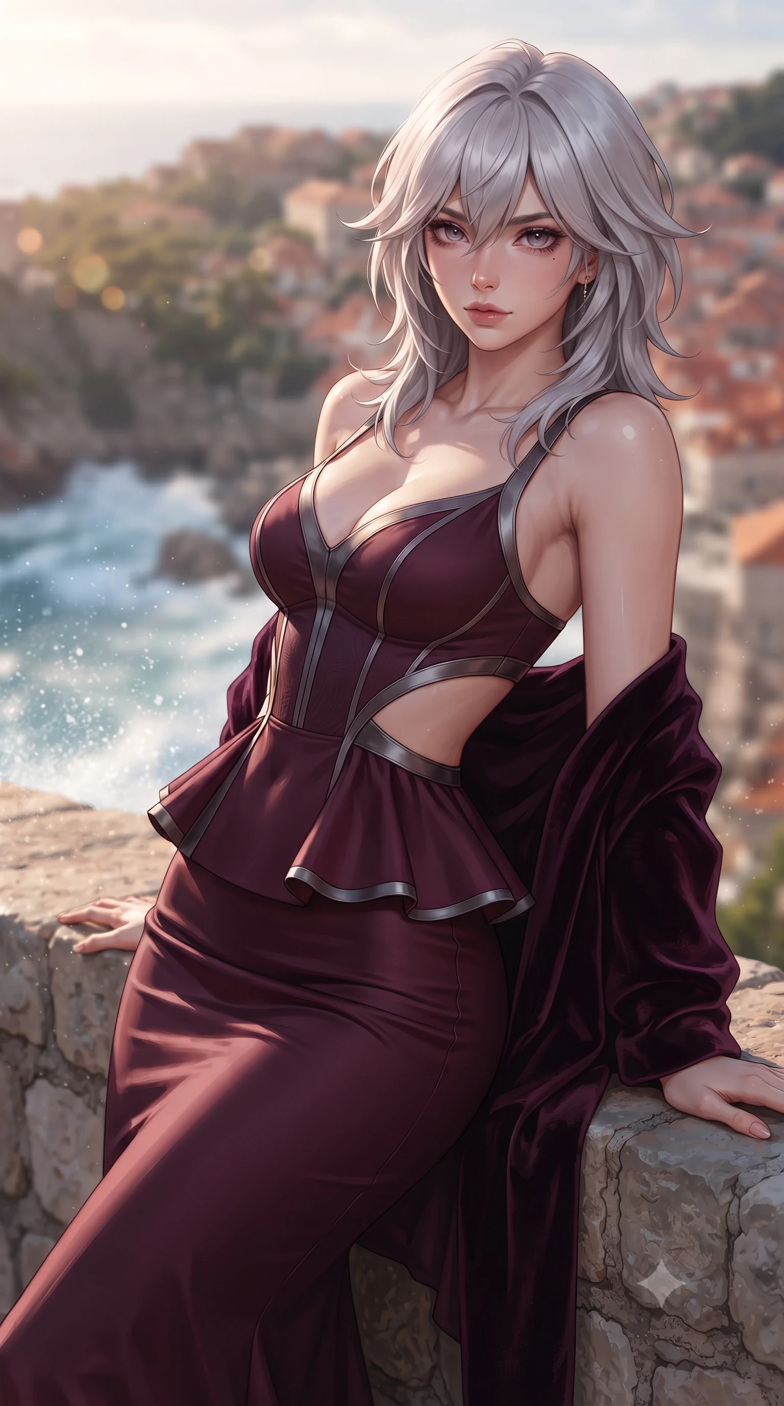 score_9, masterpiece, best quality, ultra-detailed, high-budget anime keyframe, editorial fashion photography, tasteful artistic composition, Japanese woman. close-up cowboy shot from the waist and thighs up, the character dominates the composition, filling the frame with her large presence. leaning back with relaxed seductive grace, her sculpted collarbones and narrow waist highlighted as she casts smoldering bedroom-eyes directly into the camera while perching on the ancient stone rampart high above crashing cobalt Adriatic waves, arching her lower back as sea spray mist catches the setting sun. The composition keeps background elements in soft focus with creamy bokeh. cascading terracotta tiled roofs of the Old Town and crashing cobalt waves blurred into coral orange, azure, and seafoam bokeh. She has an exceptionally elegant, slender, and willowy female figure with an ultra-slim waist, flat toned midriff, narrow ribcage, and sculpted feminine hips creating an alluring, slim hourglass silhouette without bulk. sharp v-shaped jawline, high-bridge nose, intricate jewel-like eyes with depth, thick eyelashes, glossy parted lips with a natural sheen, intensely captivating and seductive bedroom-eyes expression, flawlessly proportioned anatomical accuracy, strict slender model proportions, natural body alignment, perfectly sculpted long slender limbs, ultra-slim waistline, clean dynamic posture without body distortion. wearing a modern peplum corset dress with side-waist diamond cutouts and an ultra-tight silhouette in deep wine burgundy and brushed dark platinum, made of fluid silk crepe with delicate inner corsetry boning, complemented by a plush velvet shawl draped loosely over her elbows, the liquid-tight tailored fabric clinging flawlessly to her narrow waist and rounded feminine hips, emphasizing every millimeter of her sculpted slim hourglass curves without any bulky heaviness. illuminated by intense specular sea foam reflections sharply sculpting her razor-sharp jawline, narrow waist, and curvy hips. ultra-reflective glossy finish, specular highlights, rich textural contrasts, high-contrast stereoscopic depth, volumetric dynamic lighting, 2k, ultra detail, master piece, 9:16 ratio