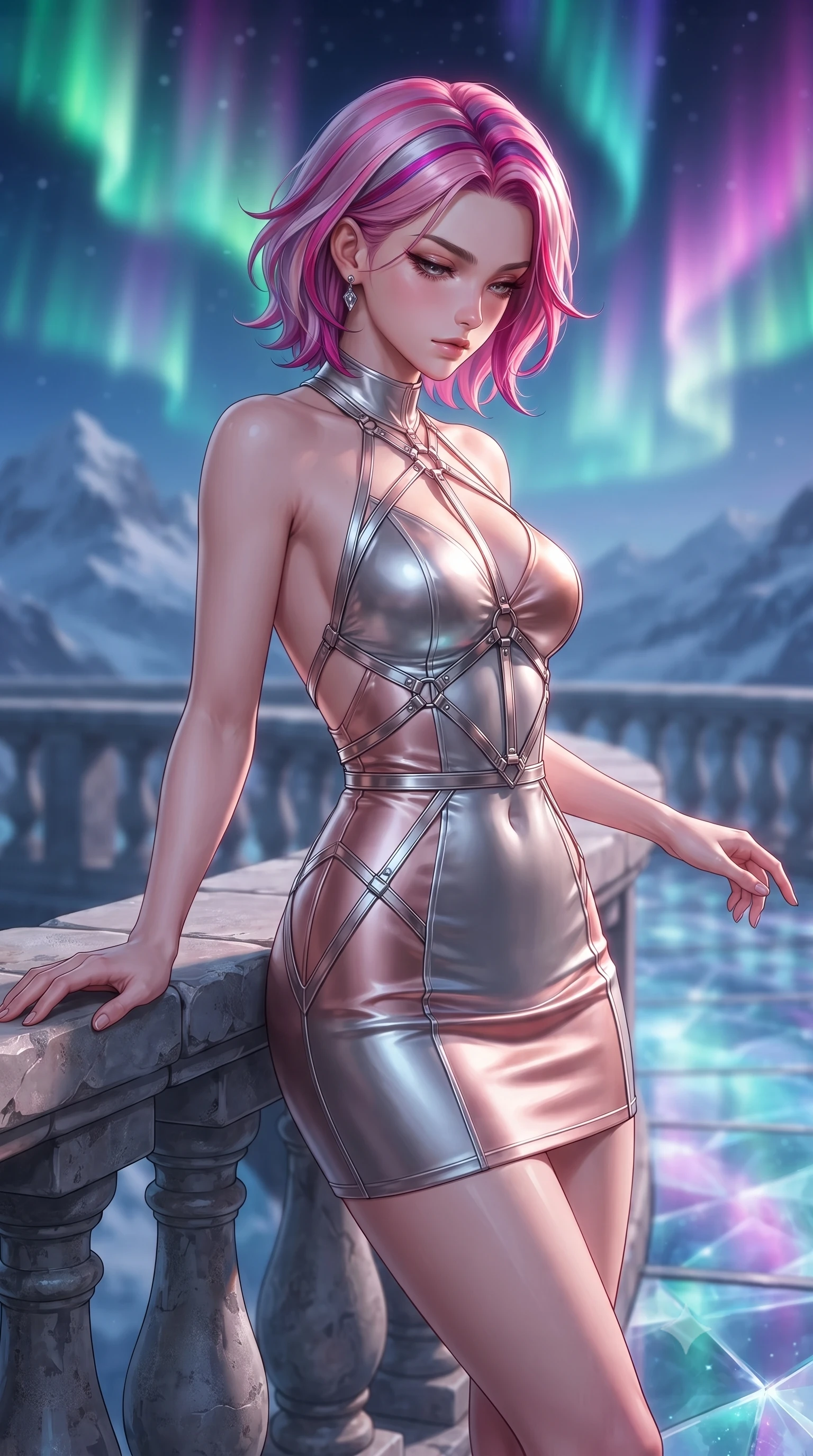 score_9, masterpiece, best quality, ultra-detailed, high-budget anime keyframe, editorial fashion photography, tasteful artistic composition, Caucasian woman. close-up cowboy shot from the waist and thighs up, the character dominates the composition, filling the frame with her large presence, background elements kept in soft focus. Looking down with lowered lashes and a composed, powerful aura, resting against a stone balustrade looking up at a curtains of polar light, crystalline bridge floor mirroring shifting polar light ribbons. She has an exceptionally elegant, slender, and willowy female figure with an ultra-slim waist, a gracefully sculpted slender torso, and a refined silhouette. sharp v-shaped jawline, high-bridge nose, intricate jewel-like eyes with depth, thick eyelashes, glossy lips with a natural sheen. wearing backless liquid vinyl mini slip dress with bare shoulder halter neckline in metallic silver, made of soft rose-gold satin, highlighted by a platinum metallic harness structure, highlighting her statuesque proportions and ultra-slim waistline. illuminated by shifting aurora borealis palette (emerald, magenta, violet) from above. highly saturated vibrant anime colors, detailed shading with soft gradients, rich glossy textures, high-contrast stereoscopic depth, volumetric dynamic lighting, master piece, 9:16 ratio