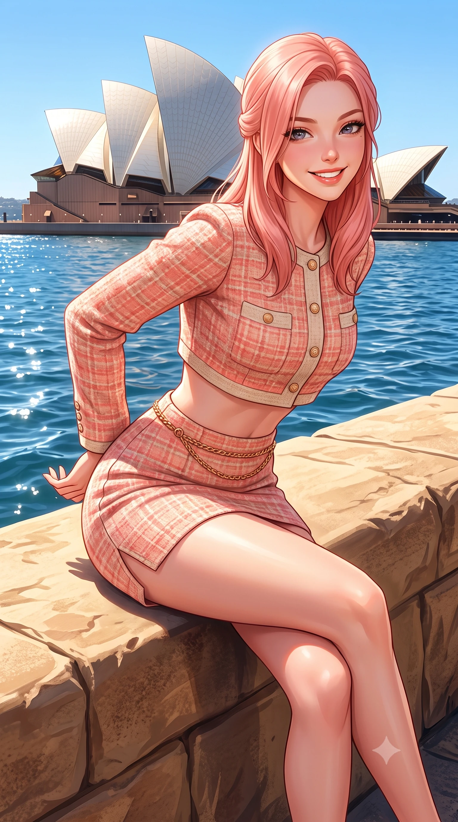 score_9, masterpiece, best quality, ultra-detailed, high-budget anime keyframe, semi-realistic 3D game render, editorial fashion photography, tasteful artistic composition, Japanese woman. close-up cowboy shot from the waist and thighs up, the character dominates the composition, filling the frame with her large presence. resting both hands lightly behind her back while leaning toward the lens with a cheerful, teasing grin, her form-fitting outfit hugging her narrow waist and feminine hip curve while sitting perched on the sunlit sandstone seawall with legs crossed, her toned flat midriff and curvy hips glowing in the radiant Australian sun. The surrounding environment is rendered in vivid detail and crisp panoramic clarity. sharp sandstone seawall textures, Opera House ceramic tile clarity, and harbour water ripple caustics in deep focus. She has an exceptionally elegant, slender, and willowy female figure with an ultra-slim waist, flat toned midriff, narrow ribcage, and sculpted feminine hips creating an alluring, slim hourglass silhouette without bulk. sharp v-shaped jawline, high-bridge nose, intricate jewel-like sparkling eyes with depth, thick eyelashes, glossy parted lips with a natural peach sheen, bright cheerful beaming smile with an enchanting and coquettish sensual glint, exuding both youthful cute charm and seductive allure, flawlessly proportioned anatomical accuracy, strict slender model proportions, natural body alignment, perfectly sculpted long slender limbs, ultra-slim waistline, clean dynamic posture without body distortion. wearing a cute pastel tweed two-piece set with a cropped jacket and ultra-fitted high-waisted mini skirt tracing her hips in warm coral pink and soft oatmeal beige, crafted from soft breathable linen with effortless natural drape, accented with a delicate gold chain belt resting loosely on her curvy hips, the precision-cut side openings and low-back scoop framing her graceful spine and the sensual sweep of her slim, toned hips. illuminated by intense specular sea reflections sharply carving her razor-sharp jawline, narrow waist, and curvy hips. highly saturated vibrant anime colors, detailed shading with soft gradients, rich glossy textures, high-contrast stereoscopic depth, volumetric dynamic lighting, master piece, 9:16 ratio