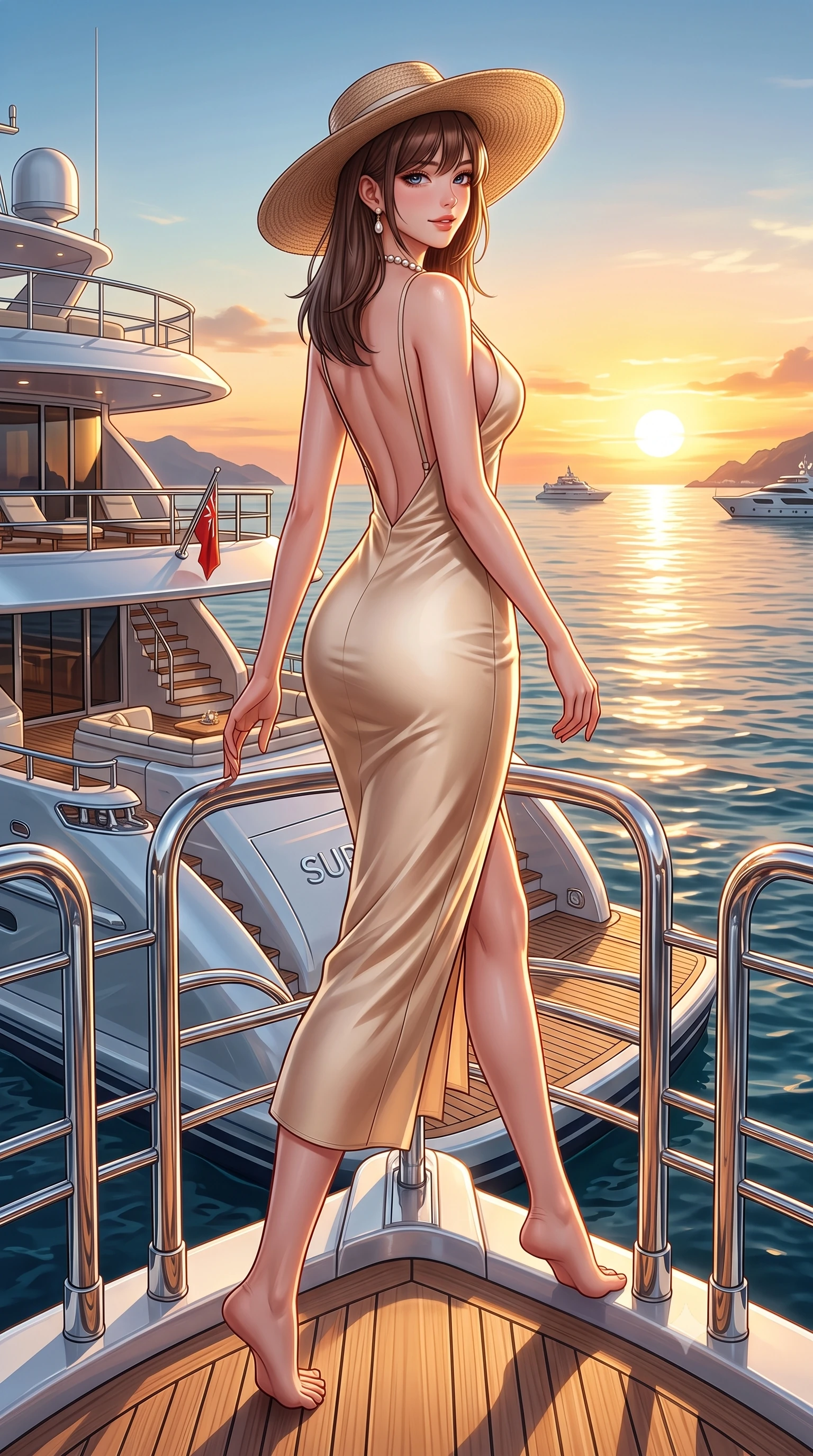 score_9, masterpiece, best quality, ultra-detailed, high-budget anime keyframe, semi-realistic 3D game render, editorial fashion photography, tasteful artistic composition, Korean woman. low angle full-body shot from head to toe showing her feet, filling the entire 9:16 vertical frame with her statuesque presence, stretching her vertical silhouette. striding forward in a proud supermodel runway stride, hips swaying in an alluring kinetic rhythm that accentuates her curvy hourglass silhouette while perching on the chrome stern railing of a luxury superyacht with hips angled toward the sunset, looking back over her shoulder with an intoxicating smile. The surrounding environment is rendered in vivid detail and crisp panoramic clarity. rich golden-hour chiaroscuro and ultra-luxury maritime grand touring aesthetics rendered with precision. She has an absolutely perfect, statuesque 8.5-heads proportion, an exceptionally tall and slender model-like female figure with impossibly long slender legs, a toned flat midriff, an ultra-slim waist, and beautifully sculpted feminine hips. sharp v-shaped jawline, high-bridge nose, intricate jewel-like eyes with depth, thick eyelashes, glossy parted lips with a natural sheen, intensely captivating and seductive bedroom-eyes expression, flawlessly proportioned anatomical accuracy, strict slender model proportions, natural body alignment, perfectly sculpted long slender limbs, ultra-slim waistline, clean dynamic posture without body distortion. wearing a radiant champagne silk slip dress with an ultra-deep plunging back and delicate thin straps in desert sand beige and pearlescent bronze, tailored from crisp structured cotton poplin with organic dye, complemented by a wide-brim woven straw hat and pearl drop necklace, the glove-like aerodynamic silhouette tightly following the natural contour of her hips and long slender legs with statuesque precision. surrounded by an opulent, sun-drenched, and breathtakingly seductive jet-set heiress aura. highly saturated vibrant anime colors, detailed shading with soft gradients, rich glossy textures, high-contrast stereoscopic depth, volumetric dynamic lighting, master piece, 9:16 ratio
