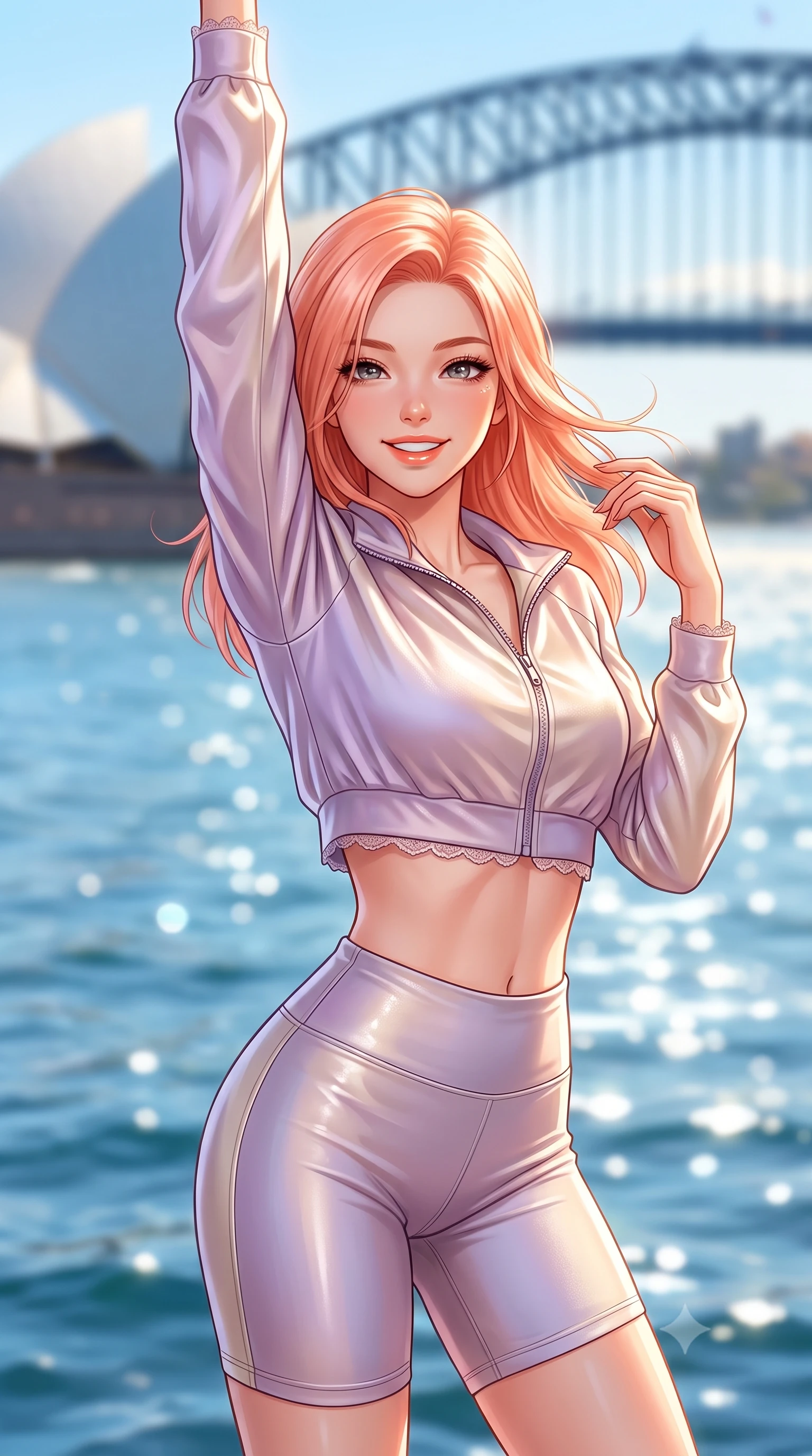 score_9, masterpiece, best quality, ultra-detailed, high-budget anime keyframe, semi-realistic 3D game render, editorial fashion photography, tasteful artistic composition, Japanese woman. close-up cowboy shot from the waist and thighs up, the character dominates the composition, filling the frame with her large presence. playfully stretching one arm overhead toward the sun, her radiant smile capturing fresh girlhood charm while her arched torso reveals an intoxicating hip contour while turning in an alluring dancer S-curve as harbour breezes whip her hair, the white sails of the Opera House gleaming behind her. The composition keeps background elements in soft focus with dreamy creamy bokeh. glistening blue harbour waters, white sails of the Sydney Opera House, and Harbour Bridge blurred into sapphire, pearl-white, and gold bokeh. She has an exceptionally elegant, slender, and willowy female figure with an ultra-slim waist, flat toned midriff, narrow ribcage, and sculpted feminine hips creating an alluring, slim hourglass silhouette without bulk. sharp v-shaped jawline, high-bridge nose, intricate jewel-like sparkling eyes with depth, thick eyelashes, glossy parted lips with a natural peach sheen, bright cheerful beaming smile with an enchanting and coquettish sensual glint, exuding both youthful cute charm and seductive allure, flawlessly proportioned anatomical accuracy, strict slender model proportions, natural body alignment, perfectly sculpted long slender limbs, ultra-slim waistline, clean dynamic posture without body distortion. wearing a sporty chic zip-up crop jacket paired with high-waisted biker shorts clinging to her athletic hips in soft lilac and champagne shimmer, made of smooth fluid silk satin with a delicate pearlescent sheen, finished with delicate lace scallop edging along the neckline, the form-contouring cut accentuating her sculpted flat midriff, narrow delicate ribcage, and gracefully curvy hips with supermodel precision. illuminated by intense specular sea reflections sharply carving her razor-sharp jawline, narrow waist, and curvy hips. highly saturated vibrant anime colors, detailed shading with soft gradients, rich glossy textures, high-contrast stereoscopic depth, volumetric dynamic lighting, master piece, 9:16 ratio