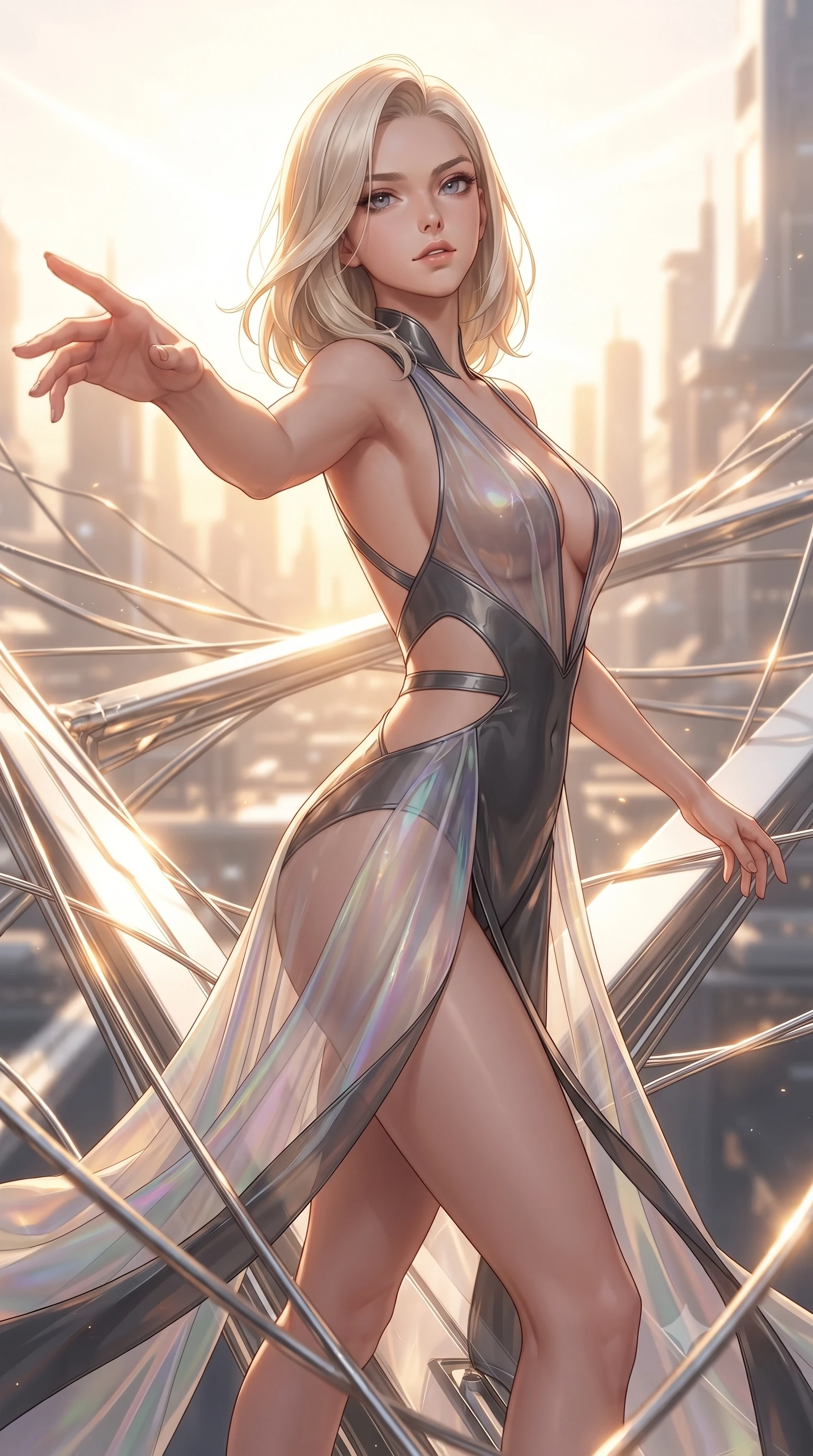 score_9, masterpiece, best quality, ultra-detailed, high-budget anime keyframe, editorial fashion photography, tasteful artistic composition, Caucasian woman. close-up cowboy shot from the waist and thighs up, the character dominates the composition, filling the frame with her large presence, background elements kept in soft focus. Tilting her chin up with an air of effortless superiority while balancing dynamically amidst the scene while reaching one arm gracefully toward the camera while balancing on a floating platinum beam, platinum wire lattices reflecting intense warm sunlight with brilliant metallic luster. She has an exceptionally elegant, slender, and willowy female figure with an ultra-slim waist, a gracefully sculpted slender torso, and a refined silhouette. sharp v-shaped jawline, high-bridge nose, intricate jewel-like eyes with depth, thick eyelashes, glossy lips with a natural sheen, flawlessly proportioned anatomical accuracy, natural body alignment, perfectly sculpted elegant limbs, clean dynamic posture without body distortion. wearing a translucent iridescent chiffon gown with a plunging neckline and open back in charcoal grey and platinum, tailored from high-gloss patent leather, featuring clean architectural cutouts along her slender torso, the sleek second-skin texture accentuating her magnetic presence. bathed in glorious golden solar flares and intense warm sunburst backlighting. ultra-reflective glossy finish, specular highlights, metallic sheen, high-contrast stereoscopic depth, volumetric dynamic lighting, 2k, ultra detail, master piece, 9:16 ratio