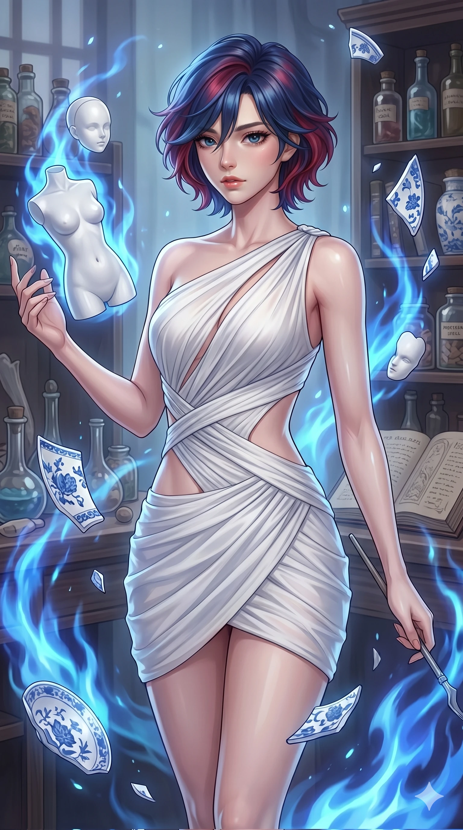 score_9, masterpiece, best quality, ultra-detailed, high-budget anime keyframe, Korean woman. upper body close-up from the thighs up, character filling the screen for maximum presence. assisting in an alchemical porcelain workshop where floating white bisque doll parts and blue porcelain shards swirl amidst blue alchemical flames. She has an absolutely perfect 8-heads proportion, an exceptionally tall and slender female figure with impossibly long slender legs and an ultra-slim waist. V-shaped jawline, high-bridge nose, intricate jewel-like eyes with depth, thick eyelashes, glossy lips with a natural sheen.. wearing an asymmetric chiffon draped couture mini dress, featuring draped white chiffon fabric twisting around her body with elegant diamond cutouts on the waist. lit by a soft glowing ambient light and a sharp side key light that traces the sleek contours of her athletic build. 2k, ultra detail, master piece, 9:16 ratio
