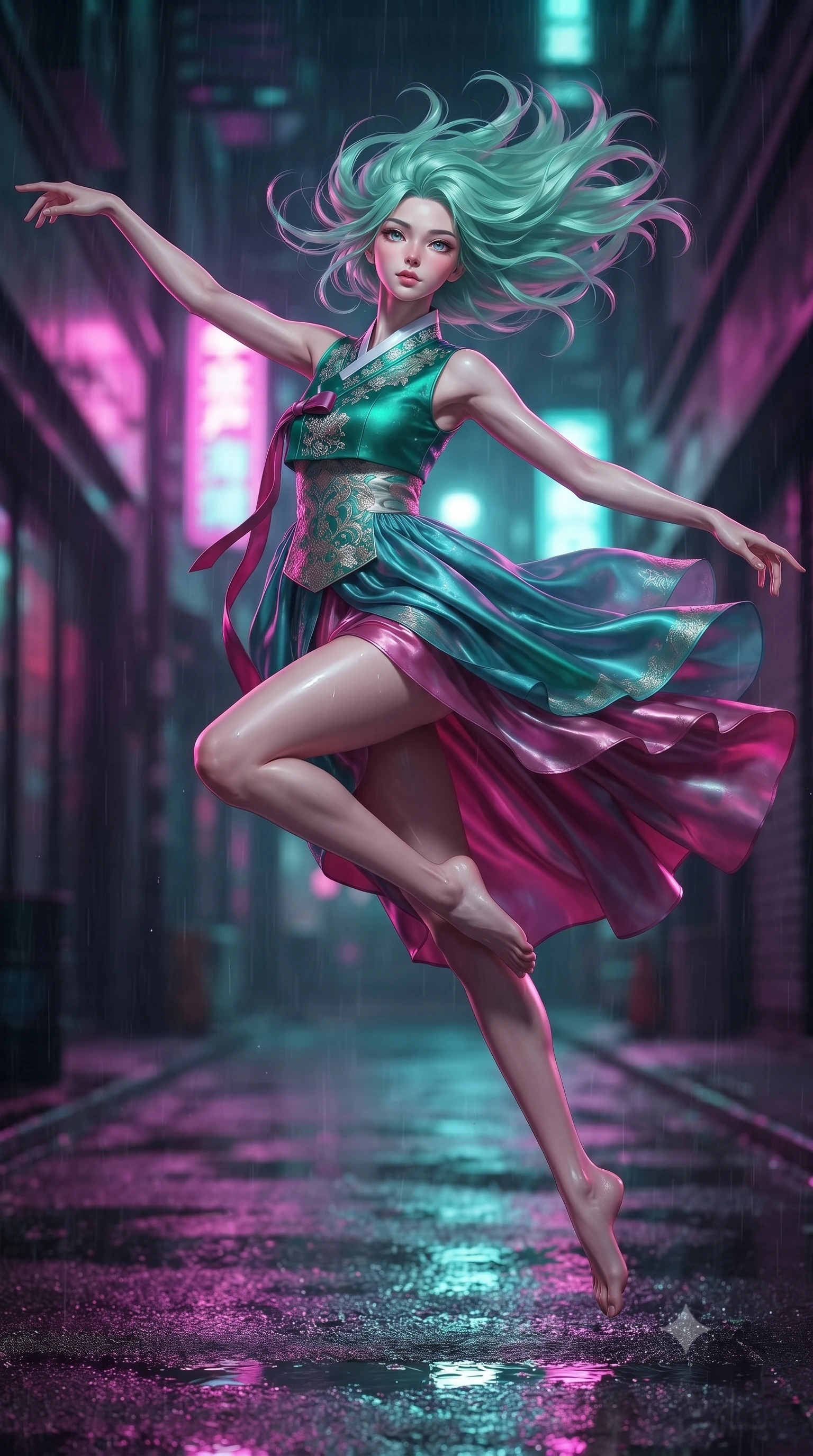score_9, masterpiece, best quality, ultra-detailed, high-budget anime keyframe, editorial fashion photography, tasteful artistic composition, Japanese woman woman. low angle full-body shot from head to toe showing her feet, filling the entire 9:16 vertical frame with her statuesque presence, stretching her vertical silhouette. She has an absolutely perfect, statuesque 8.5-heads proportion, an exceptionally tall and slender model-like female figure with impossibly long slender legs and an ultra-slim waist. leaping inside the glowing space with athletic poise, her hair swirling in a dynamic wind vortex, flawlessly proportioned anatomical accuracy, natural body alignment, perfectly sculpted elegant limbs, clean dynamic posture without body distortion. set against a soft-focus background of a cyberpunk alley with wet asphalt reflecting rain. wearing a modern fusion silk hanbok dress with a structured emerald bodice and flowing layered skirt. drenched in wet neon reflections of magenta and turquoise casting glossy specular highlights. ultra-reflective glossy finish, specular highlights, metallic sheen, high-contrast stereoscopic depth, volumetric dynamic lighting, 2k, ultra detail, master piece, 9:16 ratio