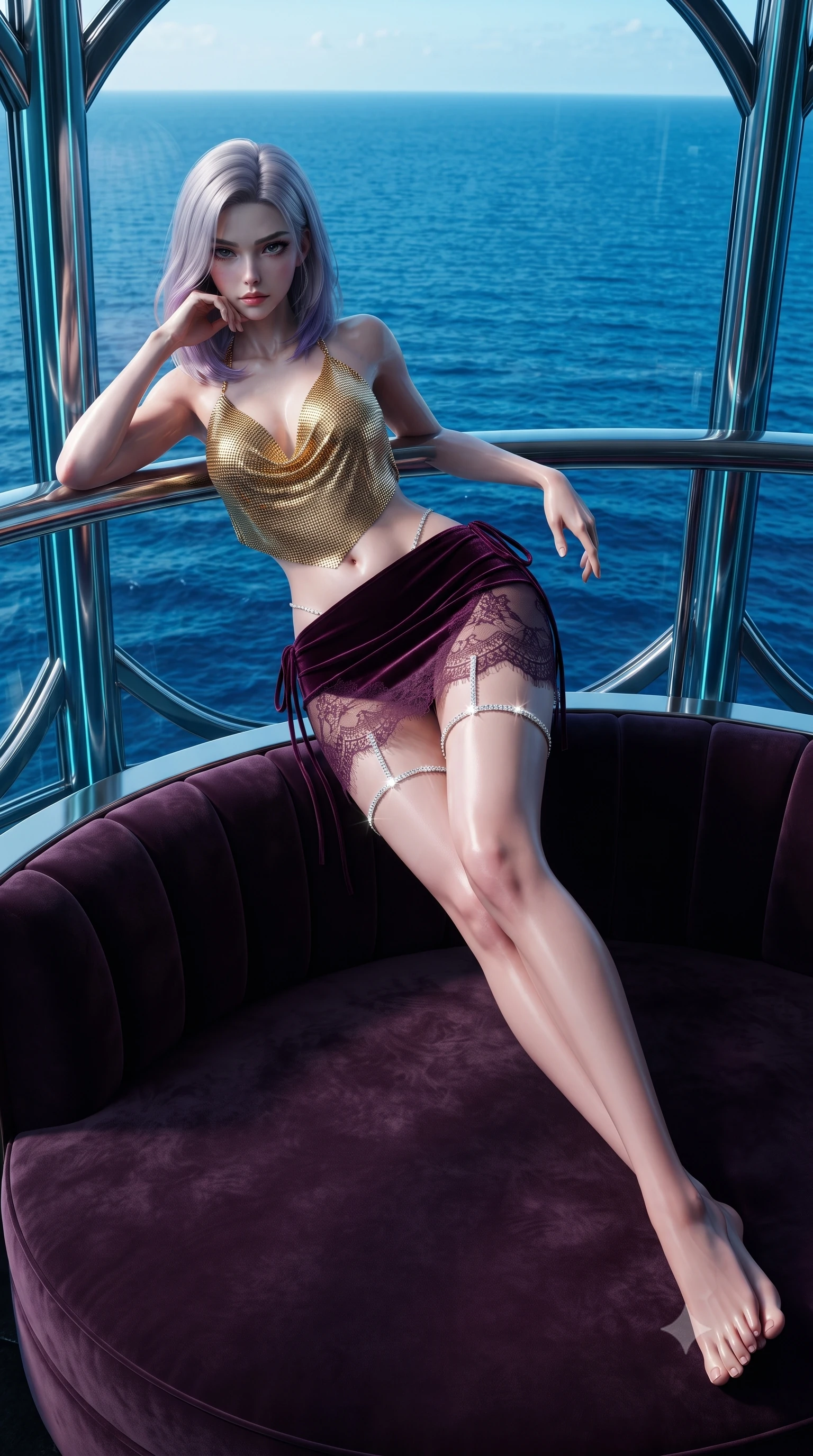 score_9, masterpiece, best quality, ultra-detailed, high-budget anime keyframe, editorial fashion photography, tasteful artistic composition, Caucasian woman. low angle full-body shot from head to toe showing her feet, filling the entire 9:16 vertical frame with her statuesque presence, stretching her vertical silhouette. leaning deep against the balcony balustrade with hips cocked back in an unapologetically alluring high-fashion stance, casting an intoxicating glance while lounging on the deep circular velvet sofa propped on one elbow, her flat midriff and long slender legs framed by the mysterious blue ocean. The surrounding environment is rendered in vivid detail and crisp panoramic clarity: sharp curved acrylic window rim joints, polished titanium window framing, and leather banquette pleating in deep focus. She has an absolutely perfect, statuesque 8.5-heads proportion, an exceptionally tall and slender model-like female figure with impossibly long slender legs, an ultra-slim waist, a flat toned midriff, narrow delicate ribcage, and beautifully sculpted feminine hips creating a graceful, slim hourglass silhouette without any bulky heaviness. sharp v-shaped jawline, high-bridge nose, sparkling eyes with hypnotic seductive depth, thick curled eyelashes, glossy parted lips with a natural dewy peach sheen, alluring bedroom-eyes with an enchanting coquettish smile, exuding magnetic siren charisma and sophisticated glamour, flawlessly proportioned anatomical accuracy, strict slender model proportions, natural body alignment, perfectly sculpted long slender limbs, ultra-slim waistline, clean dynamic posture without body distortion. wearing a liquid gold chainmail cowl halter top paired with an ultra-low-rise velvet mini skirt and side rhinestone ties in rich dark plum violet and gilded bronze, made of delicate semi-sheer French Chantilly lace with intricate eyelash edges, finished with delicate crystal-encrusted thigh garter straps glinting in the dim light, the form-contouring silhouette accentuating her sculpted flat midriff, narrow delicate ribcage, and gracefully curvy hips with intoxicating allure. illuminated by aquatic caustic reflections and sharp electric-cyan rim lights sculpting her razor-sharp jawline, narrow waist, and curvy hips. ultra-reflective glossy finish, specular highlights, rich textural contrasts, high-contrast stereoscopic depth, volumetric dynamic lighting, 2k, ultra detail, master piece, 9:16 ratio