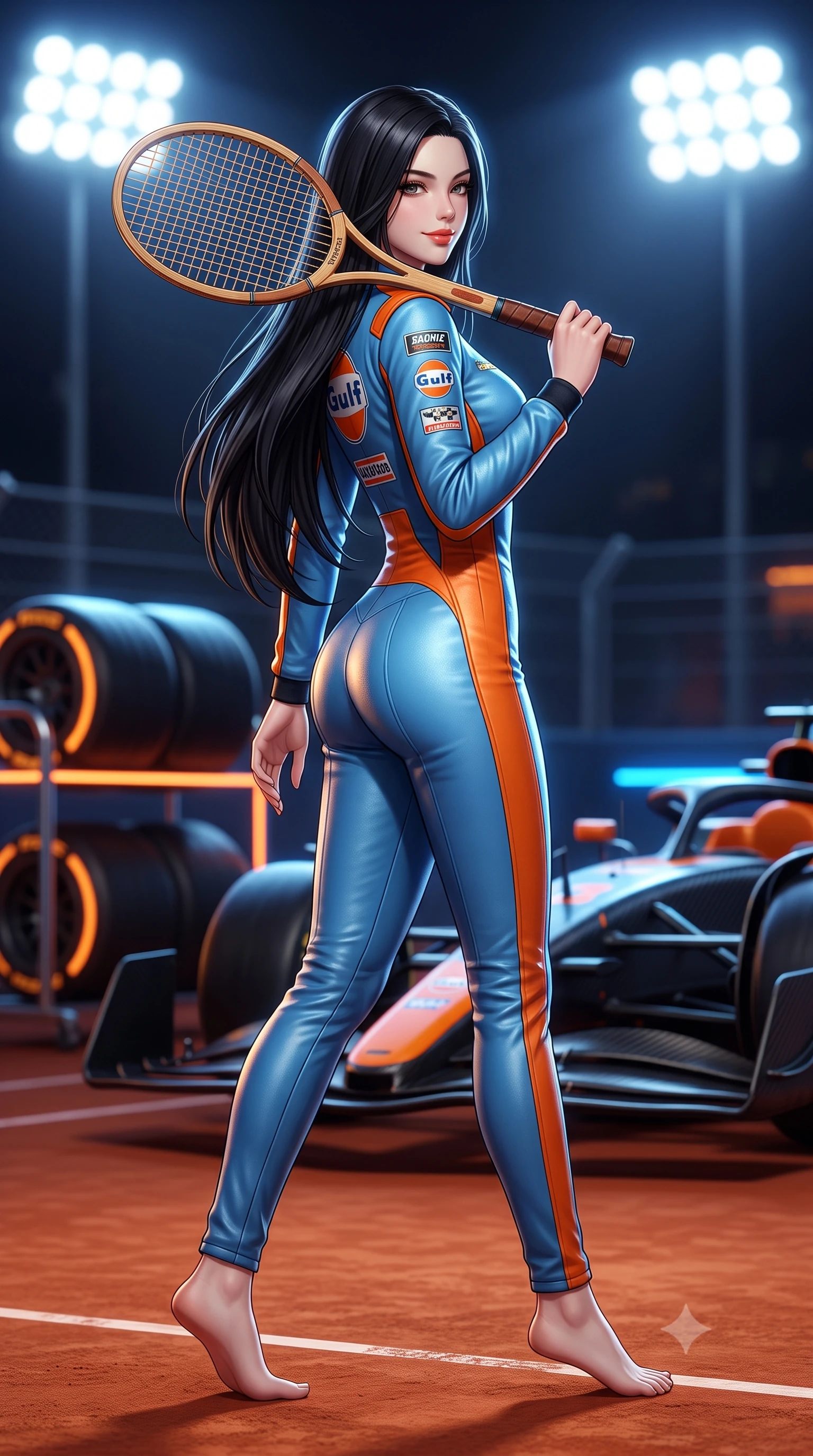 score_9, masterpiece, best quality, ultra-detailed, high-budget anime keyframe, semi-realistic 3D game render, editorial fashion photography, tasteful artistic composition, Korean woman. low angle full-body shot from head to toe showing her feet, filling the entire 9:16 vertical frame with her statuesque presence, stretching her vertical silhouette. walking slowly along the clay court baseline, looking back over her shoulder with an air of effortless grace and an alluring, smoldering smile while twisting her slender torso in an alluring S-curve, dazzling 2000-lux track floodlights casting crisp geometric shadows across her curves and waist. The background shows a soft-focus glowing tire warming racks and high-speed carbon fiber cars softened in thrilling night-race shallow focus. She has an absolutely perfect, statuesque 8.5-heads proportion, an exceptionally tall and slender model-like female figure with impossibly long slender legs, an ultra-slim waist, a flat toned midriff, narrow delicate ribcage, and beautifully sculpted feminine hips creating a graceful, slim hourglass silhouette without any bulky heaviness. sharp v-shaped jawline, high-bridge nose, sparkling eyes with athletic focus and depth, thick curled eyelashes, glossy parted lips with a natural coral-peach sheen, bright confident and coquettish smile with alluring bedroom-eyes, exuding both youthful sporty vigor and sovereign high-society glamour, flawlessly proportioned anatomical accuracy, strict slender model proportions, natural body alignment, perfectly sculpted long slender limbs, ultra-slim waistline, clean dynamic posture without body distortion. wearing a second-skin compression stretch racing catsuit with racing team sponsor graphics and sculpted carbon hip guards in vintage Porsche Gulf blue and vibrant race orange, crafted from supple buttery lambskin racing leather with a satin sheen, featuring a vintage wooden tennis racket held casually over one shoulder, the high-waisted wrap tailoring accentuating her ultra-slim waistline and the enchanting curve of her feminine hips with alluring sporty charm. bathed in intense, high-contrast track floodlight white and pit-box neon accents. highly saturated vibrant anime colors, detailed shading with soft gradients, rich glossy textures, high-contrast stereoscopic depth, volumetric dynamic lighting, master piece, 9:16 ratio