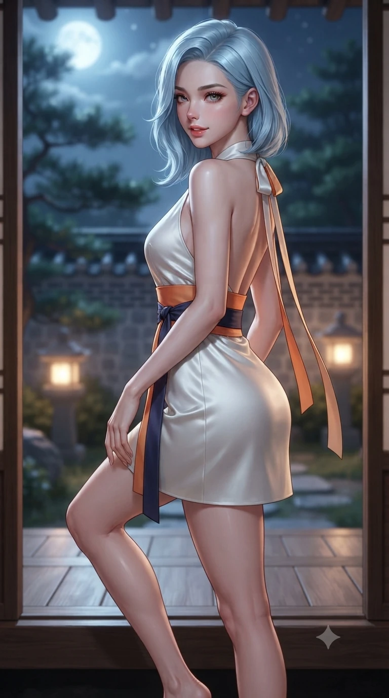 score_9, masterpiece, best quality, ultra-detailed, high-budget anime keyframe, editorial fashion photography, tasteful artistic composition, Korean woman. close-up cowboy shot from the waist and thighs up, the character dominates the composition, filling the frame with her large presence. twisting her slender torso in a deep contrapposto stance, hips dramatically shifted to accentuate her feminine curves while looking past her shoulder with smoldering bedroom-eyes while stepping gracefully over the raised wooden threshold, her long slender legs and curvy hourglass hips commanding the frame. The background shows a soft-focus framed view of moonlit pine gardens, glowing stone lanterns, and distant tiled walls blurred into jade, honey, and charcoal bokeh. She has an exceptionally elegant, slender, and willowy female figure with an ultra-slim waist, flat toned midriff, narrow ribcage, and sculpted feminine hips creating an alluring, slim hourglass silhouette without bulk. sharp v-shaped jawline, high-bridge nose, sparkling eyes with hypnotic seductive depth, thick curled eyelashes, glossy parted lips with a natural dewy peach sheen, alluring bedroom-eyes with an enchanting coquettish smile, exuding magnetic siren charisma and sophisticated glamour, flawlessly proportioned anatomical accuracy, strict slender model proportions, natural body alignment, perfectly sculpted long slender limbs, ultra-slim waistline, clean dynamic posture without body distortion. wearing a structured minimalist hanbok wrap coat dress with clean geometric lines and a wide formal sash in sunset tangerine orange and deep navy indigo, tailored from smooth liquid silk satin with a natural dewy moonlight sheen, finished with long silk ribbon ties fluttering down her bare spine from a backless halter, the bespoke structured tailoring following the natural line of her 8.5-heads silhouette with refined elegance. bathed in dual lighting: cool silver moonlight from the exterior garden contrasting with warm 2700K lantern glow from within. ultra-reflective glossy finish, specular highlights, rich textural contrasts, high-contrast stereoscopic depth, volumetric dynamic lighting, 2k, ultra detail, master piece, 9:16 ratio
