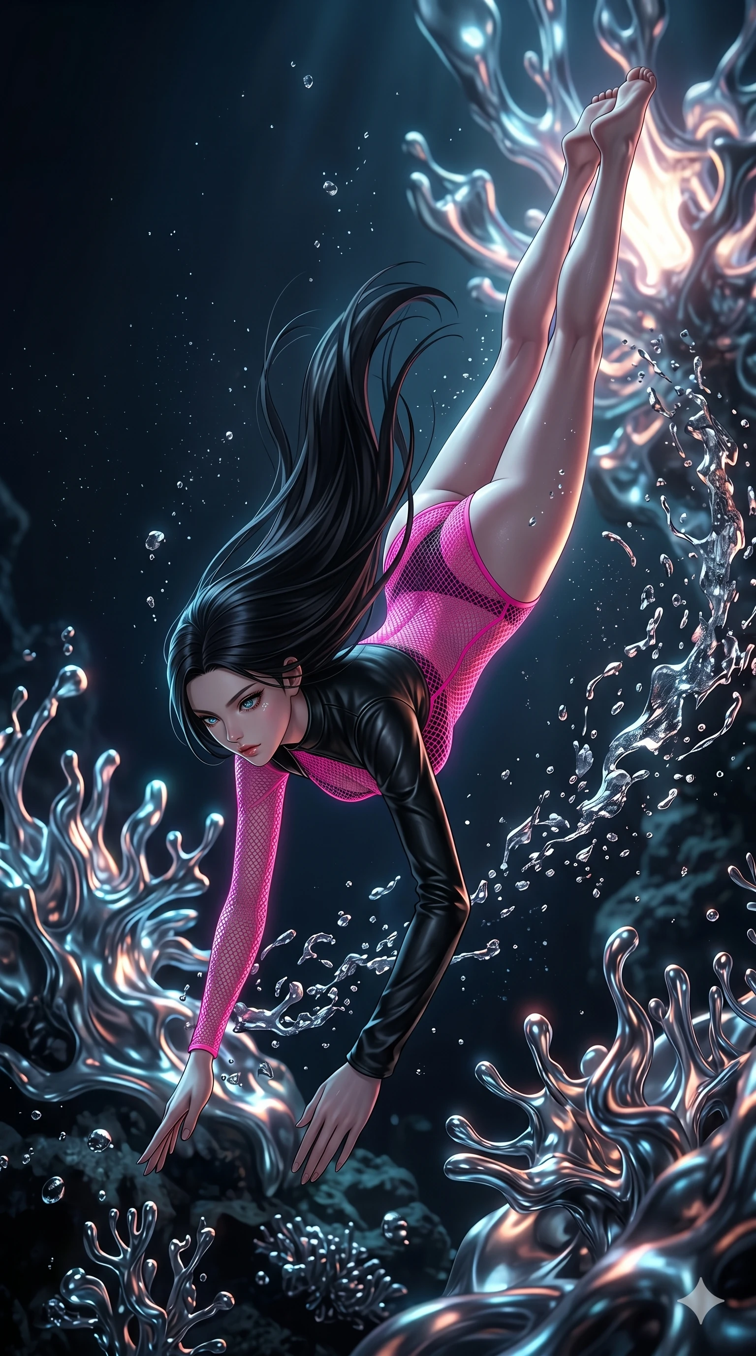 score_9, masterpiece, best quality, ultra-detailed, high-budget anime keyframe, Korean woman. low angle full-body shot filling the entire 9:16 frame with her statuesque presence, stretching the vertical silhouette. diving through a bionic fluid mercury reef where self-replicating liquid chrome corals pulse under dark ocean water. She has an absolutely perfect 8-heads proportion, an exceptionally tall and slender female figure with impossibly long slender legs and an ultra-slim waist. V-shaped jawline, high-bridge nose, intricate jewel-like eyes with depth, thick eyelashes, glossy lips with a natural sheen.. wearing a fluorescent pink mesh bodysuit, styled with a cropped single-sleeve black leather shrug for a bold stage look. illuminated by dramatic chiaroscuro casting soft shadows along her curves, with vibrant backlighting highlighting the dust particles. 2k, ultra detail, master piece, 9:16 ratio