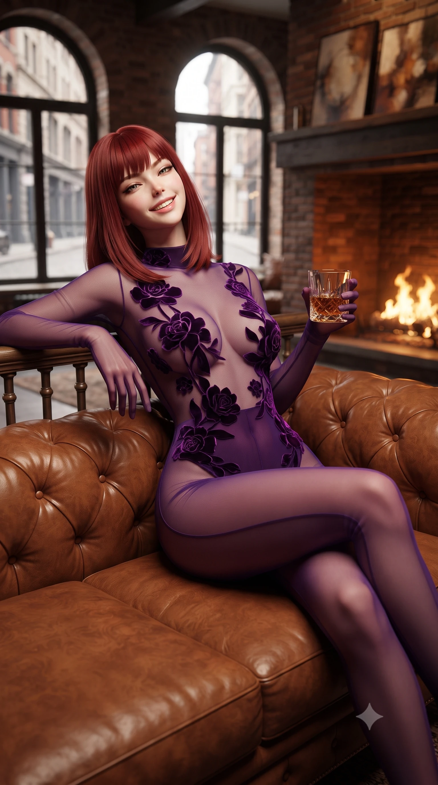 score_9, masterpiece, best quality, ultra-detailed, high-budget anime keyframe, editorial fashion photography, tasteful artistic composition, Caucasian woman. close-up cowboy shot from the waist and thighs up, the character dominates the composition, filling the frame with her large presence. leaning back against the balustrade with relaxed seductive grace, head tilted back slightly while casting a hypnotic, heavy-lidded gaze while reclining gracefully across the tufted cognac leather chesterfield sofa with legs crossed, holding a crystal tumbler with effortless downtown cool. The background shows a soft-focus flickering flames in the massive reclaimed brick fireplace, historic Tribeca cobblestone streets through arched windows, and contemporary canvas art blurred into copper, amber, and espresso bokeh. She has an exceptionally elegant, slender, and willowy female figure with an ultra-slim waist, flat toned midriff, narrow ribcage, and sculpted feminine hips creating an alluring, slim hourglass silhouette without bulk. sharp v-shaped jawline, high-bridge nose, intricate jewel-like sparkling eyes with depth, thick eyelashes, glossy parted lips with a natural peach sheen, bright cheerful beaming smile with an enchanting and coquettish sensual glint, exuding both youthful cute charm and seductive allure, flawlessly proportioned anatomical accuracy, strict slender model proportions, natural body alignment, perfectly sculpted long slender limbs, ultra-slim waistline, clean dynamic posture without body distortion. wearing a provocative sheer mesh catsuit with strategic velvet floral appliqués contouring her slender hourglass frame in rich royal amethyst purple and gilded filigree, crafted from fluid liquid silk satin that clings smoothly to her narrow waist and rounded hips with a dewy sheen, complemented by sheer opera-length evening gloves tracing her slender arms, the glove-like clinging cut tightly following the natural contour of her hips and long slender legs with youthful 8.5-heads elegance. bathed in the warm dancing 2200K hearth firelight and soft architectural track spot illumination. ultra-reflective glossy finish, specular highlights, rich textural contrasts, high-contrast stereoscopic depth, volumetric dynamic lighting, 2k, ultra detail, master piece, 9:16 ratio