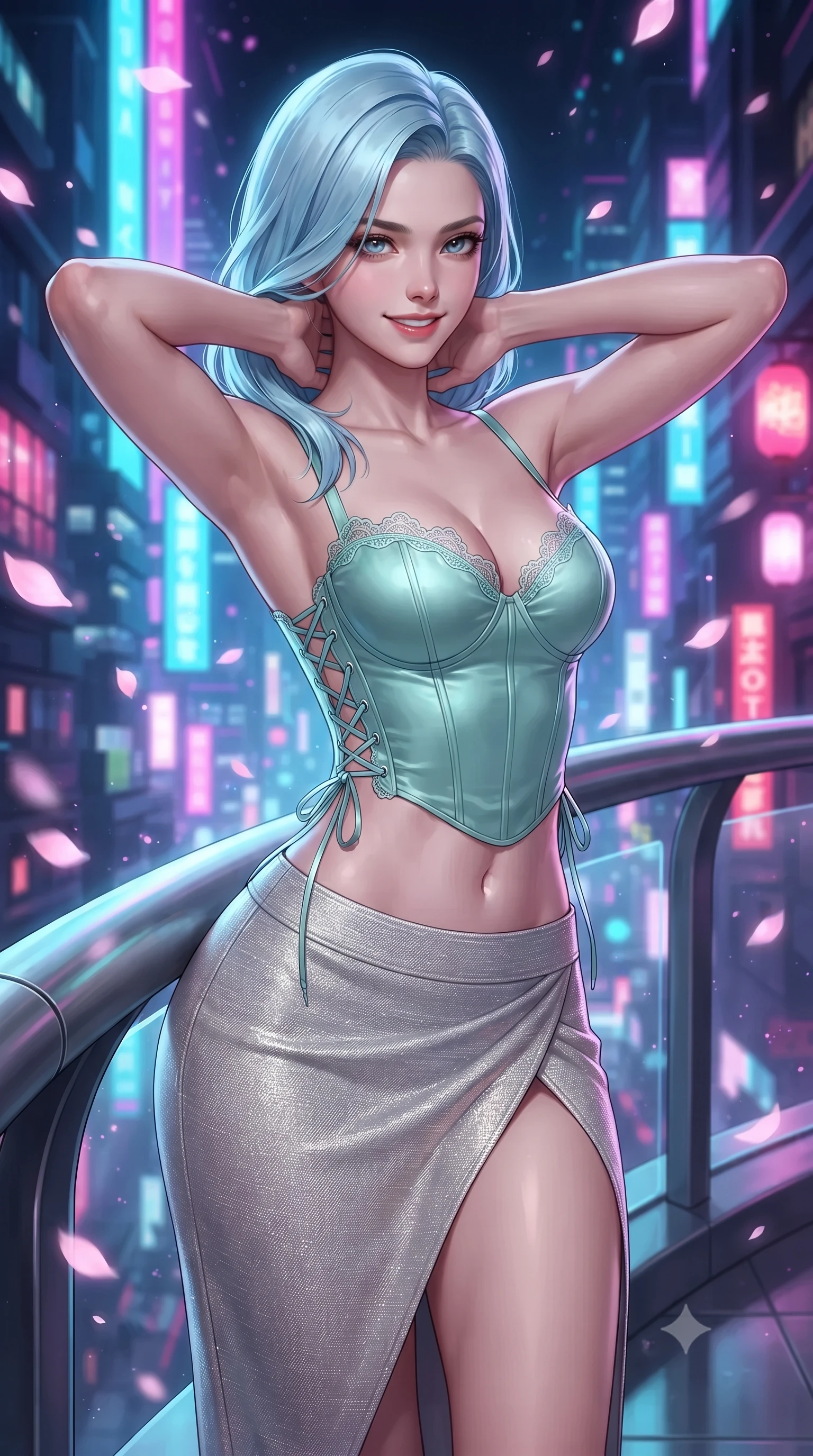 score_9, masterpiece, best quality, ultra-detailed, high-budget anime keyframe, editorial fashion photography, tasteful artistic composition, Korean woman. close-up cowboy shot from the waist and thighs up, the character dominates the composition, filling the frame with her large presence. resting both hands lightly behind her neck with elbows raised, arching her spine to highlight her narrow waist, flat midriff, and breathtaking collarbones while leaning against the curved panoramic titanium balustrade with hips cocked back, looking out over the neon-drenched spires of Neo-Tokyo with heavy-lidded smoldering bedroom-eyes. The background shows a soft-focus floating bioluminescent pink sakura petals, glowing holographic lanterns, and vertical neon sky-freeway ribbons blurred into fuchsia, cyan, and amethyst bokeh. She has an exceptionally elegant, slender, and willowy female figure with an ultra-slim waist, flat toned midriff, narrow ribcage, and sculpted feminine hips creating an alluring, slim hourglass silhouette without bulk. sharp v-shaped jawline, high-bridge nose, intricate jewel-like sparkling eyes with depth, thick eyelashes, glossy parted lips with a natural peach sheen, bright cheerful beaming smile with an enchanting and coquettish sensual glint, exuding both youthful cute charm and seductive allure, flawlessly proportioned anatomical accuracy, strict slender model proportions, natural body alignment, perfectly sculpted long slender limbs, ultra-slim waistline, clean dynamic posture without body distortion. wearing a sculpted satin cyber-corset with lace-up side ties paired with a low-rise micro skirt in polar aurora jade and starlight platinum, tailored from high-density tech-wool with subtle metallic thread weave, finished with scalloped eyelash lace trim framing her sweetheart neckline with intimate elegance, the high-slit wrap tailoring accentuating her ultra-slim waistline and the enchanting curve of her feminine hips with alluring seductive charm. illuminated by floor pool reflection bounce and sharp laser-cyan rim lights sculpting her razor-sharp jawline, narrow waist, and curvy hips. ultra-reflective glossy finish, specular highlights, rich textural contrasts, high-contrast stereoscopic depth, volumetric dynamic lighting, 2k, ultra detail, master piece, 9:16 ratio