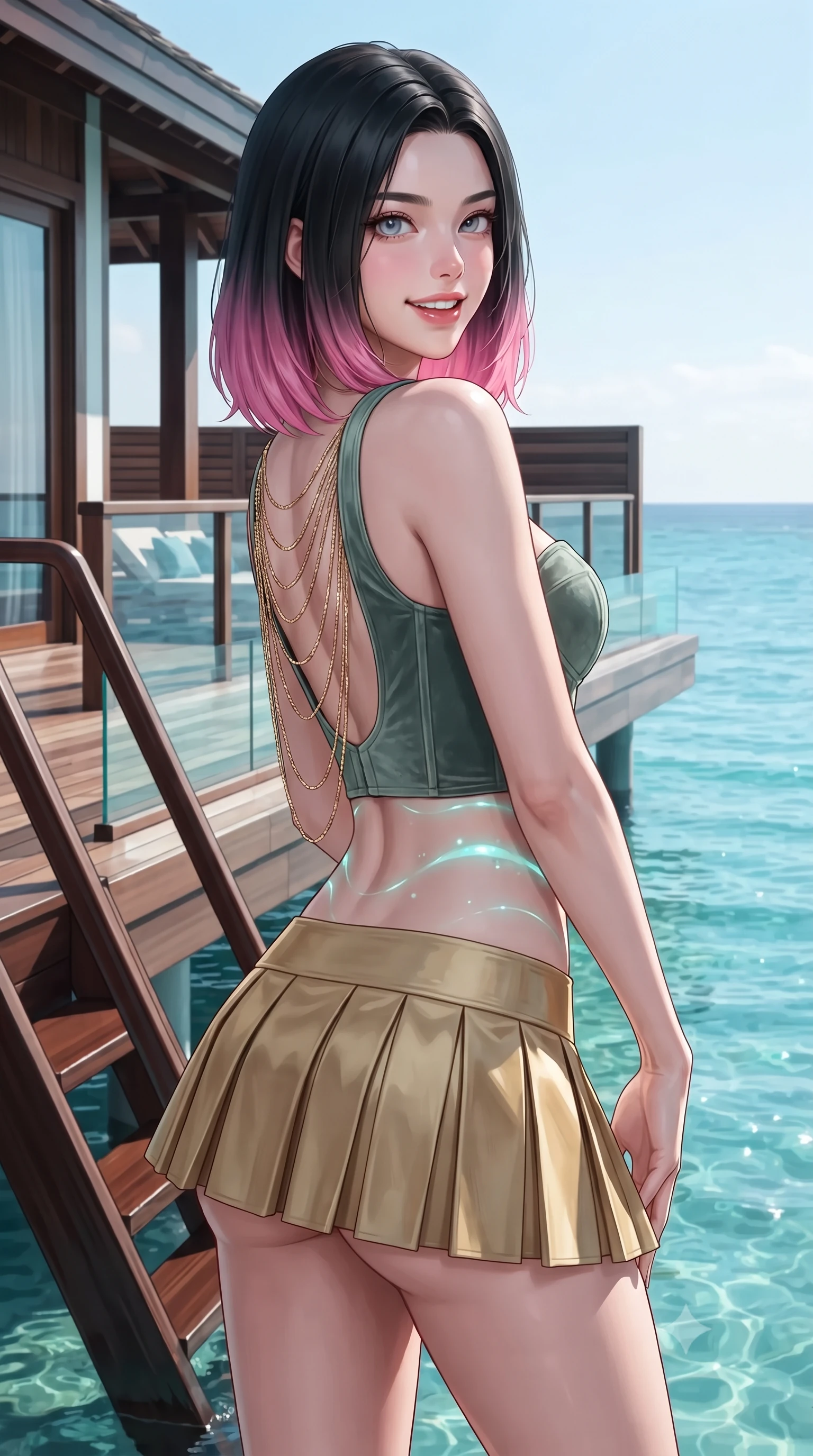 score_9, masterpiece, best quality, ultra-detailed, high-budget anime keyframe, editorial fashion photography, tasteful artistic composition, Korean woman. close-up cowboy shot from the waist and thighs up, the character dominates the composition, filling the frame with her large presence. posing in an alluring rear three-quarter angle, looking over a bare shoulder with parted glossy lips, her hips cocked back to highlight her slim hourglass curve while twisting her slender torso in an alluring contrapposto stance beside the private swim-up ladder, glowing turquoise reef lights wrapping around her flat midriff and hips. The surrounding environment is rendered in vivid detail and crisp panoramic clarity: detailed outfit texture, bodycon fit, and luxury overwater villa architecture in high resolution. She has an exceptionally elegant, slender, and willowy female figure with an ultra-slim waist, flat toned midriff, narrow ribcage, and sculpted feminine hips creating an alluring, slim hourglass silhouette without bulk. sharp v-shaped jawline, high-bridge nose, intricate jewel-like sparkling eyes with depth, thick eyelashes, glossy parted lips with a natural peach sheen, bright cheerful beaming smile with an enchanting and coquettish sensual glint, exuding both youthful cute charm and seductive allure, flawlessly proportioned anatomical accuracy, strict slender model proportions, natural body alignment, perfectly sculpted long slender limbs, ultra-slim waistline, clean dynamic posture without body distortion. wearing a structured boned velvet bustier top paired with an ultra-short low-rise pleated micro mini skirt in Tulum jungle agave sage and copal resin gold, crafted from bespoke double-faced cashmere with an exceptionally soft tactile finish, accented with an open-back drape framed by falling strands of delicate gold chains, the form-contouring silhouette accentuating her sculpted flat midriff, narrow delicate ribcage, and gracefully curvy hips with intoxicating allure. illuminated by water caustics bounce and sharp platinum-cyan rim lights sculpting her jawline, narrow waist, and curvy hips. ultra-reflective glossy finish, specular highlights, rich textural contrasts, high-contrast stereoscopic depth, volumetric dynamic lighting, 2k, ultra detail, master piece, 9:16 ratio