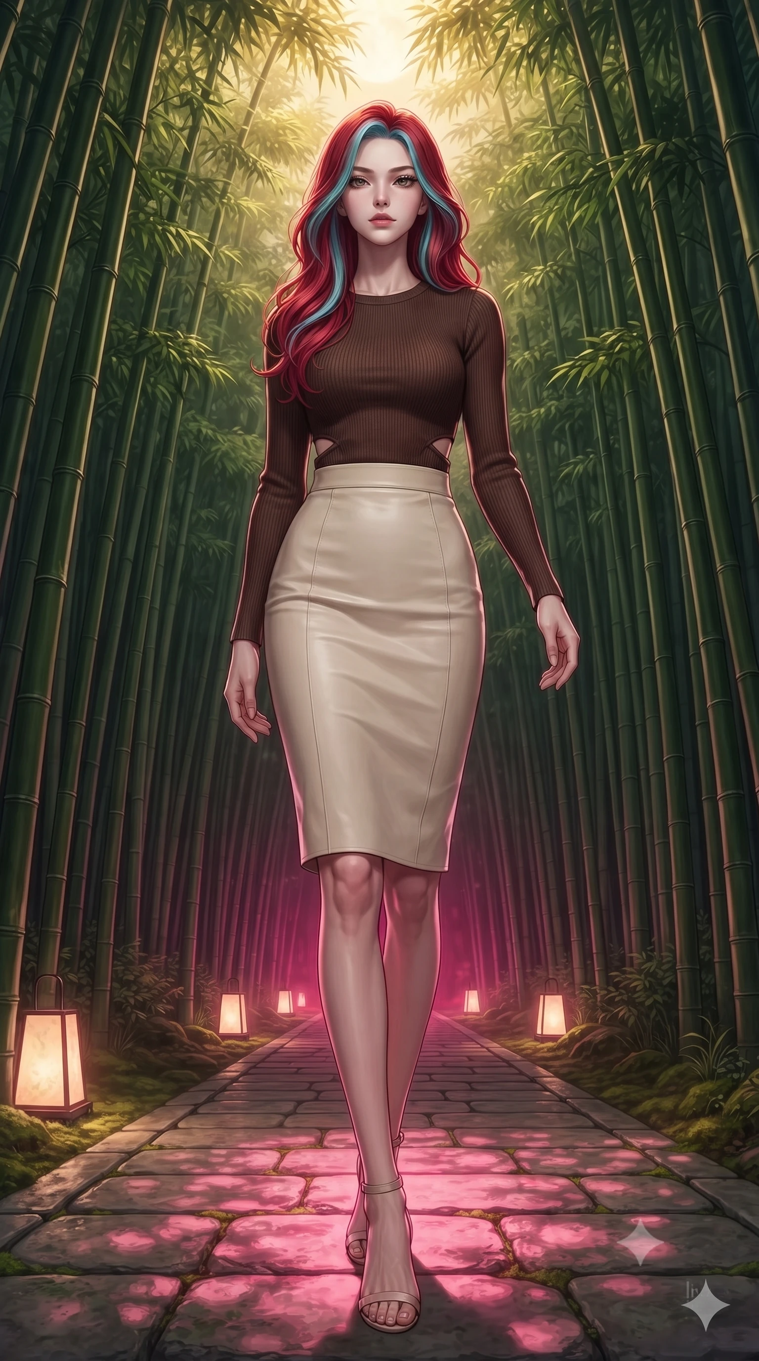 score_9, masterpiece, best quality, ultra-detailed, high-budget anime keyframe, editorial fashion photography, tasteful artistic composition, Caucasian woman, strictly human ears. low angle full-body shot from head to toe showing her feet, filling the entire 9:16 vertical frame with her statuesque presence, stretching her vertical silhouette. stepping elegantly through a perfectly maintained bamboo grove walkway under full moonlight with towering green bamboo stalks creating a natural cathedral stone path with embedded lanterns and soft moss underfoot. She has a statuesque 8.5-heads proportion, an exceptionally tall, slender and willowy model-like build with impossibly long legs and a highly sculpted ultra-slim waist. sharp v-shaped jawline, high-bridge nose, intricate jewel-like eyes with depth, thick eyelashes, glossy lips with a natural sheen. wearing a chocolate brown knit top with a subtle waist-cutout detailing, paired with a cream leather pencil skirt. dramatic contrast of hot pink furnace glow from below and cool golden light from above. 2k, ultra detail, master piece, 9:16 ratio