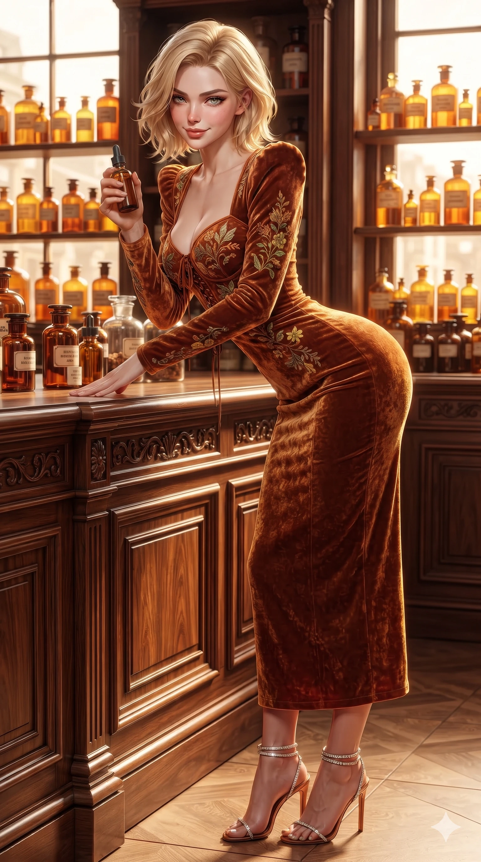 score_9, masterpiece, best quality, ultra-detailed, high-budget anime keyframe, editorial fashion photography, tasteful artistic composition, Caucasian woman. close-up cowboy shot from the waist and thighs up, the character dominates the composition, filling the frame with her large presence. leaning forward while arching her lower back to accentuate her curvy hips, looking into the camera with an intoxicating smoldering gaze and bedroom-eyes while leaning against the apothecary counter with hips cocked back, holding an amber glass dropper bottle with an intoxicating, knowing smile. The surrounding environment is rendered in vivid detail and crisp panoramic clarity: detailed tailored velvet bustier tailoring, side lace-up ties, and historic apothecary woodwork in razor-sharp clarity. She has an exceptionally elegant, slender, and willowy female figure with an ultra-slim waist, flat toned midriff, narrow ribcage, and sculpted feminine hips creating an alluring, slim hourglass silhouette without bulk. sharp v-shaped jawline, high-bridge nose, sparkling eyes with hypnotic seductive depth, thick curled eyelashes, glossy parted lips with a natural dewy peach sheen, alluring bedroom-eyes with an enchanting coquettish smile, exuding magnetic siren charisma and sophisticated glamour, flawlessly proportioned anatomical accuracy, strict slender model proportions, natural body alignment, perfectly sculpted long slender limbs, ultra-slim waistline, clean dynamic posture without body distortion. wearing an elegant long-sleeve embroidered botanical silk column gown with structured shoulders in sun-kissed terracotta and Amalfi lemon yellow, tailored from crushed dark velvet with deep light-absorbing plush texture, complemented by strappy stiletto sandals with crystal ankle wraps accentuating her slender calves, the bespoke structured tailoring following the natural line of her 8.5-heads silhouette with refined elegance. bathed in rich amber light glowing through dozens of liquid-filled glass bottles on sunlit window sills. ultra-reflective glossy finish, specular highlights, rich textural contrasts, high-contrast stereoscopic depth, volumetric dynamic lighting, 2k, ultra detail, master piece, 9:16 ratio