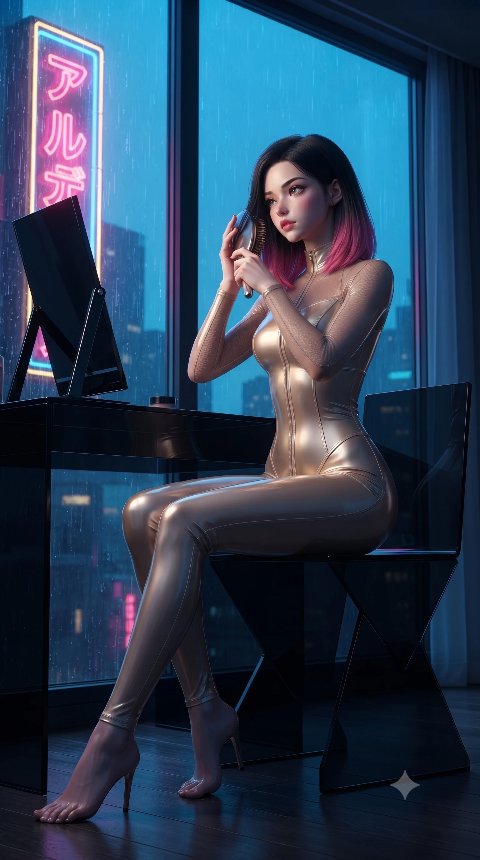 score_9, masterpiece, best quality, ultra-detailed, High-budget Anime Keyframe, editorial fashion photography, tasteful artistic composition, realistic cosplay photography, East Asian woman. Low angle cowboy shot filling the entire 9:16 frame with her statuesque presence. Scenario 408: brushing her hair while seated before a vanity of black glass in a glowing neon window at twilight with soft rain falling. Her presence is magnetic and overpowering in this high-budget cinematic scene. Outfit 408: a slim-fit champagne gold translucent PVC catsuit with sheer sleeves and opaque panels. The clothing is designed to emphasize her exceptionally tall and slender 8-heads proportion. 8-heads proportion, towering silhouette, ultra-slim waist. sharp v-shaped jawline, intricate jewel-like eyes with depth, thick eyelashes, glossy lips. ultra-reflective glossy finish, specular highlights, metallic sheen, high-contrast stereoscopic depth, volumetric dynamic lighting, 2k, ultra detail, master piece, 9:16 ratio
