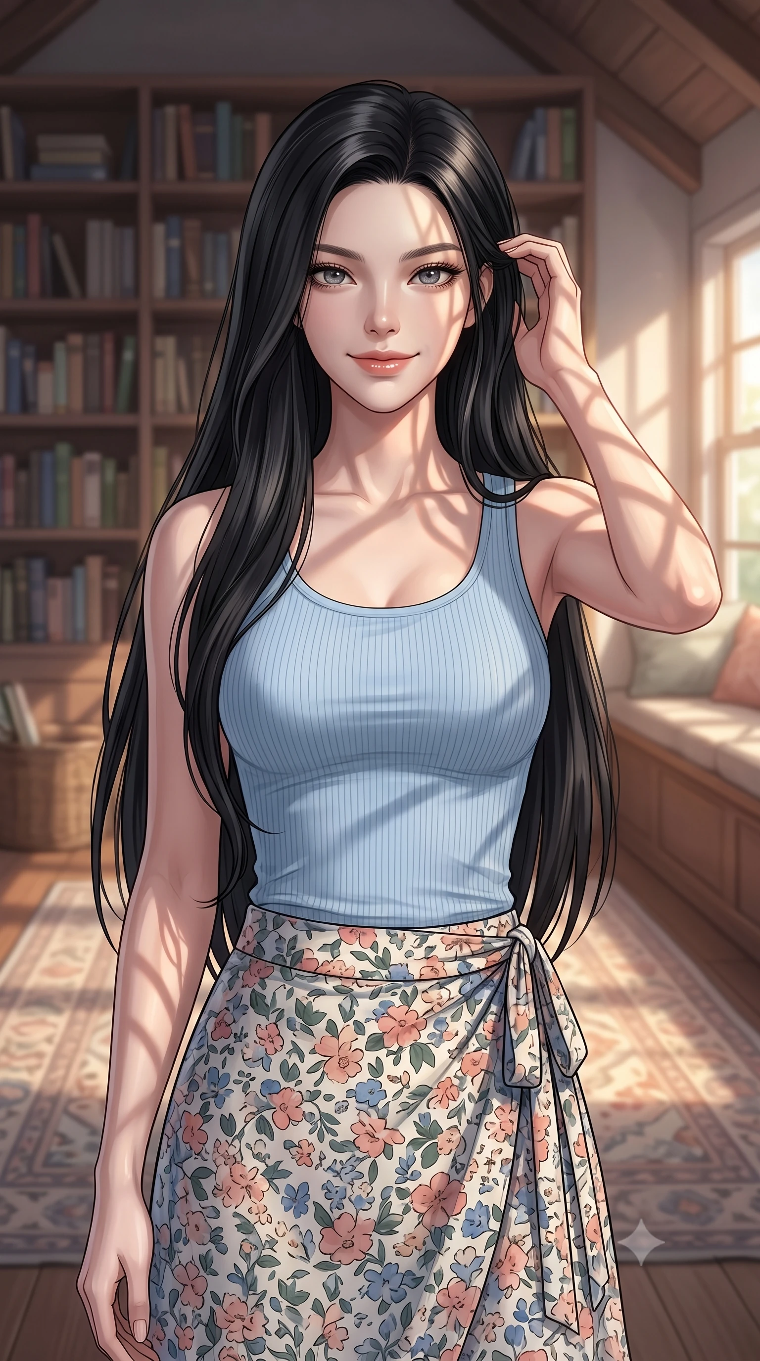 score_9, masterpiece, best quality, ultra-detailed, high-budget anime keyframe, editorial fashion photography, tasteful artistic composition, Korean woman woman. close-up cowboy shot from the waist and thighs up, the character dominates the composition, filling the frame with her large presence, background elements kept in soft focus. smiling with quiet, magnetic self-assurance directly into the camera, running a hand through her hair the background shows a soft-focus a quiet attic room with bookshelves lining the walls, a soft rug, and a window seat. She has an exceptionally elegant, slender, and willowy female figure with an ultra-slim waist, a gracefully sculpted slender torso, and a refined silhouette. sharp v-shaped jawline, high-bridge nose, intricate jewel-like eyes with depth, thick eyelashes, glossy lips with a natural sheen. wearing a slim-fit simple ribbed cotton tank top in baby blue paired with a floral print wrap skirt. soft golden afternoon light filtering through the window, casting long shadow patterns. 2k, ultra detail, master piece, 9:16 ratio