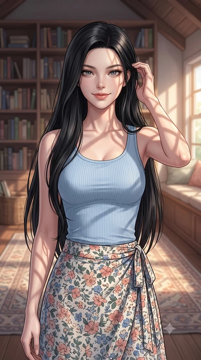score_9, masterpiece, best quality, ultra-detailed, high-budget anime keyframe, editorial fashion photography, tasteful artistic composition, Korean woman woman. close-up cowboy shot from the waist and thighs up, the character dominates the compositi