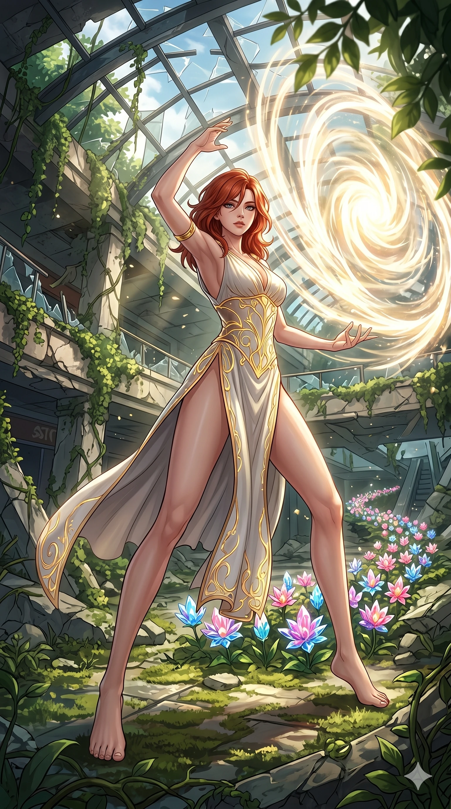 score_9, masterpiece, best quality, ultra-detailed, Set A: High-budget Anime Keyframe, Korean woman. Low angle cowboy shot filling the entire 9:16 frame with her statuesque presence. Theme: Historical Remix. unleashing a massive energy wave in a ruined overgrown shopping mall, while she leaves a trail of 36 blooming crystal flowers. The atmosphere is filled with cinematic sunlight through leaves. She has an absolutely perfect 8-heads proportion, an exceptionally tall and slender female figure with impossibly long slender legs and an ultra-slim waist. Sharp v-shaped jawline, high-bridge nose, intricate jewel-like eyes with depth, glossy lips. Wearing Ancient Roman-style tech-toga with glowing gold filigree and a high side slit. Cinematic lighting, vivid colors, dramatic shadows, 2k, ultra detail, master piece, 9:16 ratio