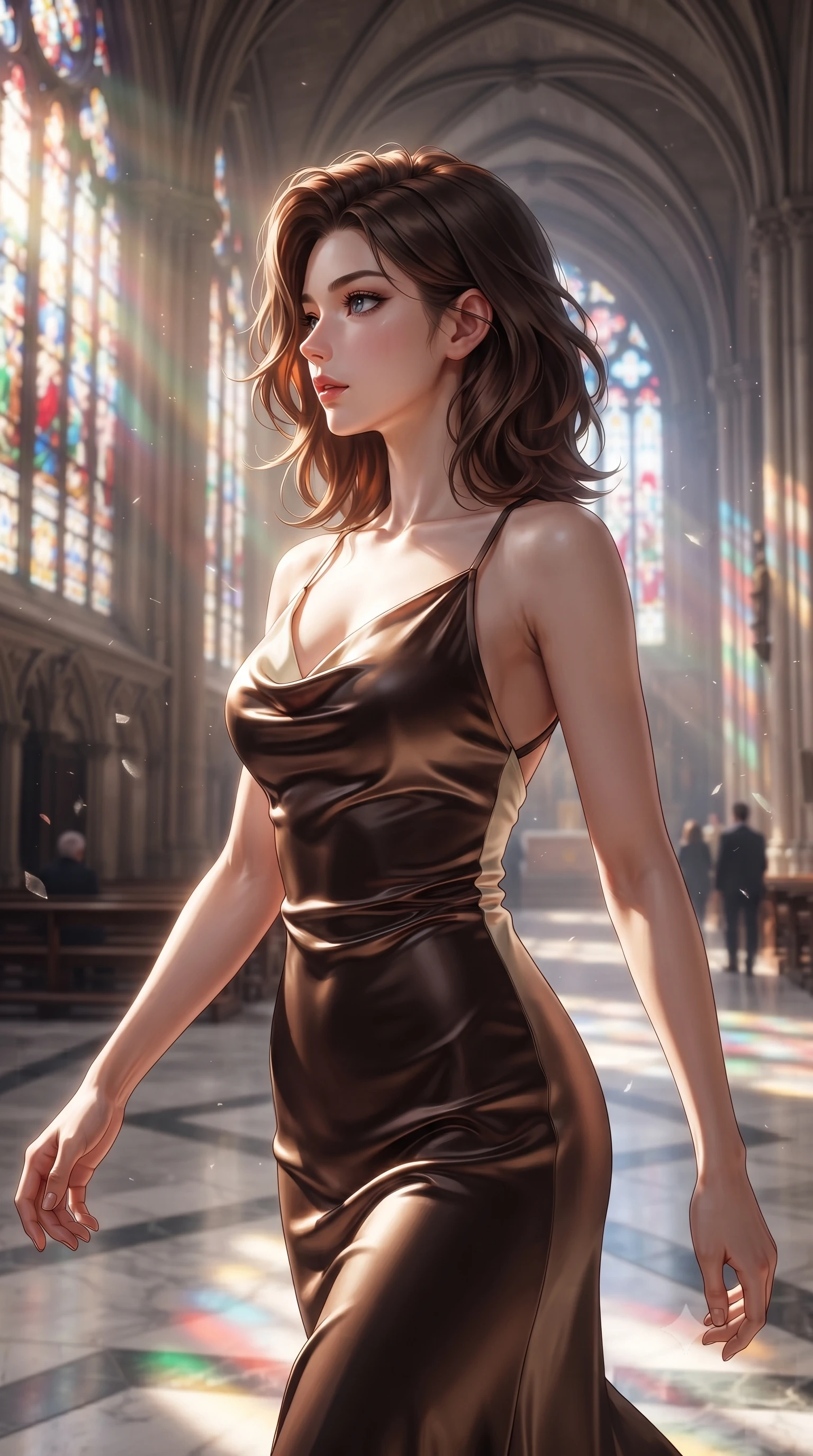 score_9, masterpiece, best quality, ultra-detailed, high-budget anime keyframe, editorial fashion photography, tasteful artistic composition, Korean woman. close-up cowboy shot from the waist and thighs up, the character dominates the composition, filling the frame with her large presence, background elements kept in soft focus. Turning her face in sharp dramatic profile against the bright light, showcasing her sharp v-shaped jawline walking down a polished marble nave lined with tall stained glass arcades, floating glass dust and incense smoke scattering colorful light beams. She has an exceptionally elegant, slender, and willowy female figure with an ultra-slim waist, a gracefully sculpted slender torso, and a refined silhouette. sharp v-shaped jawline, high-bridge nose, intricate jewel-like eyes with depth, thick eyelashes, glossy lips with a natural sheen. wearing an elegant cowl-neck satin midi dress with a draped neckline in espresso brown and warm cream, made of premium stretch velvet with a rich sheen, complemented by criss-cross back straps highlighting her bare shoulders, the form-contouring material highlighting her ultra-slim waist and long lines. lit by bright sunbursts creating vivid, saturated color projections. ultra-reflective glossy finish, specular highlights, metallic sheen, high-contrast stereoscopic depth, volumetric dynamic lighting, 2k, ultra detail, master piece, 9:16 ratio