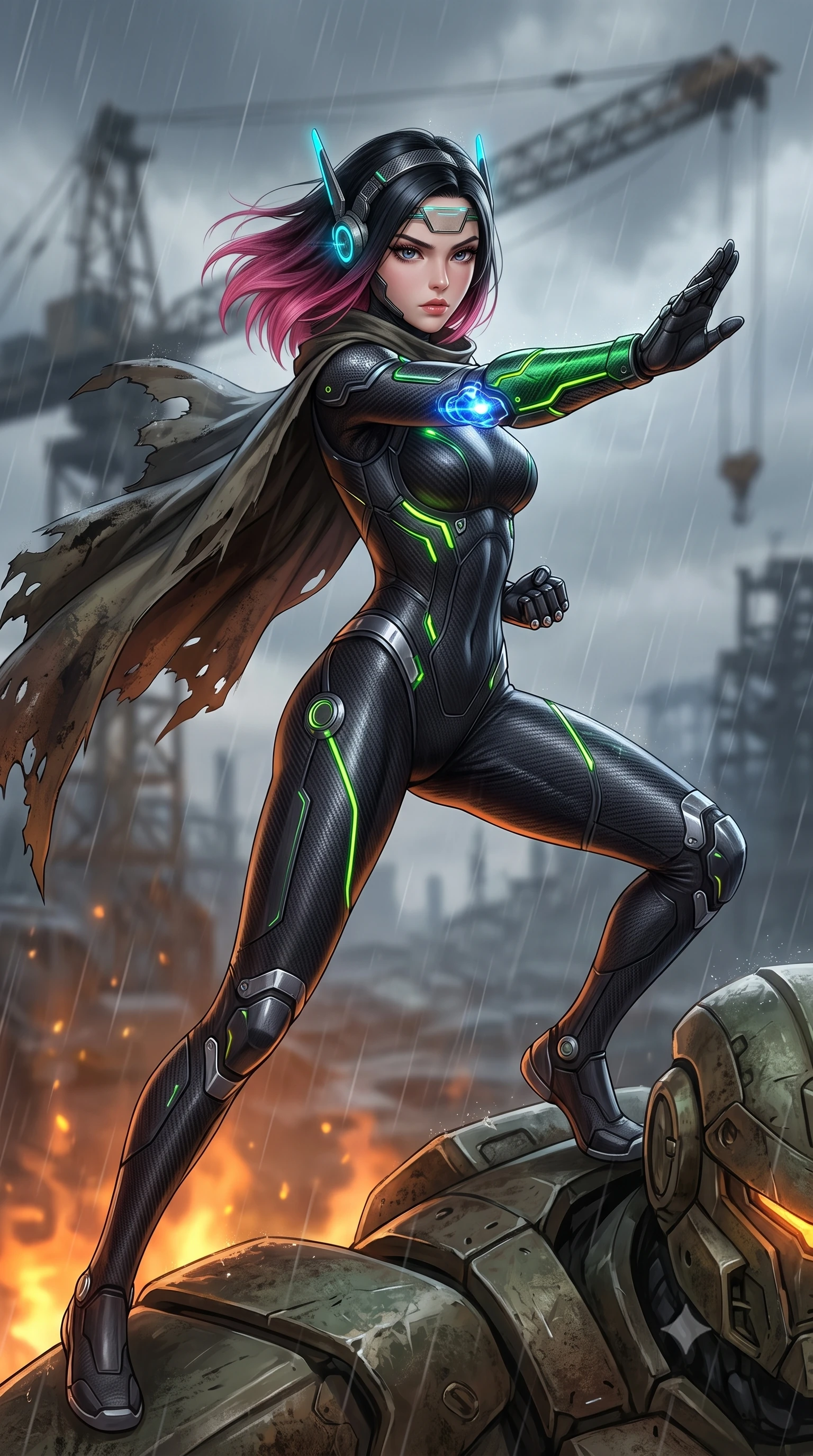 score_9, masterpiece, best quality, ultra-detailed, high-budget anime keyframe, semi-realistic 3D game render, editorial fashion photography, tasteful artistic composition, Korean woman. close-up cowboy shot from the waist and thighs up, the character dominates the composition, filling the frame with her large presence. twisting her upper body in a dynamic S-curve martial arts stance, cybernetic elbow dampers glowing with blue energy as she aims a focused palm strike while stepping along the giant mech's shoulder armor with wind whipping through her dark hair and tactical cape. The composition keeps background elements in soft focus with creamy bokeh. distant ruined industrial cranes and overcast rainy skies softened in cinematic shallow depth of field. She has an exceptionally elegant, slender, and willowy female figure with an ultra-slim waist, a gracefully sculpted slender torso, toned flat midriff, and a refined slim silhouette. sharp v-shaped jawline, high-bridge nose, intricate jewel-like eyes with depth, thick eyelashes, glossy lips with a natural sheen, fierce and resolute heroine expression, flawlessly proportioned anatomical accuracy, strict slender model proportions, natural body alignment, perfectly sculpted long slender limbs, ultra-slim waistline, clean dynamic posture without body distortion. wearing a lightweight carbon-fiber tactical sensory headpiece with glowing cyan ear-antennae and an ultra-thin forehead HUD brow-band, paired with a skin-tight dark carbon-weave combat bodysuit with glowing neon energy conduits and reinforced Damascus-pattern forearm strike guards in toxic emerald green carbon composite with glowing lime warning channels, crafted from ultra-strong woven carbon-fiber composite with battle-tested satin luster, detailed with kinetic shock-dampening knuckle guards and polished chrome connection joints, the glove-like aerodynamic second-skin fit tightly clinging to her ultra-slender waist and athletic curves without adding bulk, accentuating her razor-sharp statuesque lines and slim hourglass silhouette. bathed in glowing amber reactor fire uplights and cool overcast skylight fill. rich saturated anime colors with glowing neon highlights, detailed shading with soft gradients, rich glossy textures, high-contrast stereoscopic depth, volumetric dynamic lighting, master piece, 9:16 ratio