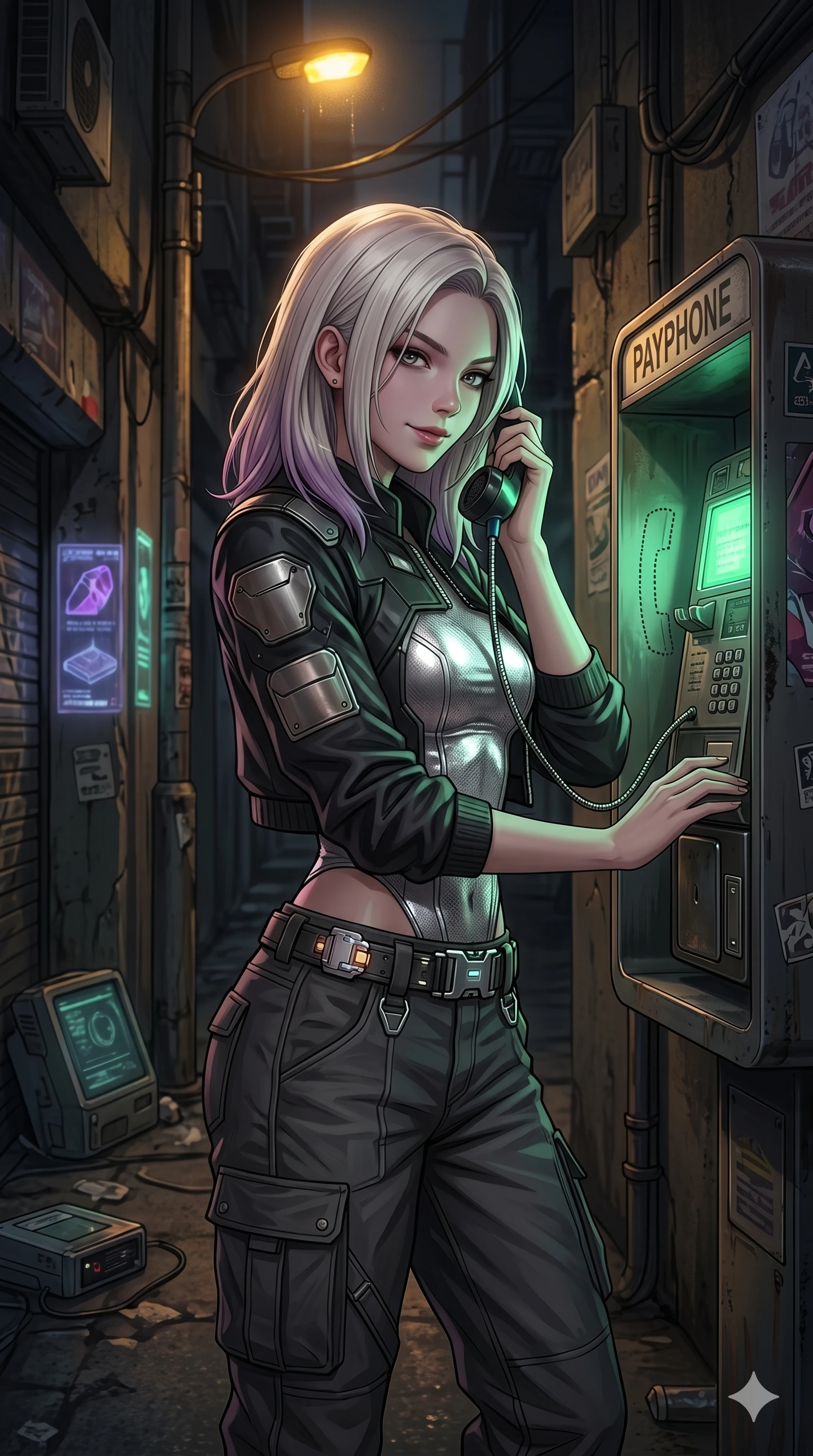 score_9, masterpiece, best quality, ultra-detailed, high-budget anime keyframe, editorial fashion photography, tasteful artistic composition, Caucasian woman, strictly human ears. Upper body close-up from the thighs up, character filling the screen for maximum presence. Standing next to a retro payphone in a cyber-alley, holding the receiver, looking back with an enigmatic, intense smile. She is wearing a cropped cyber-jacket over a silver bodice and cargo pants with belt. The scene is lit by a single flickering yellow streetlight and a green phone screen. 2k, ultra detail, master piece, 9:16 ratio