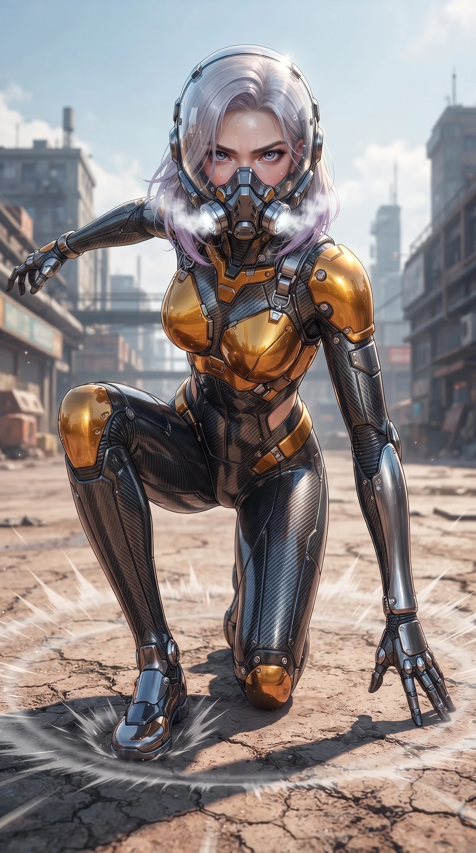 score_9, masterpiece, best quality, ultra-detailed, high-budget anime keyframe, editorial fashion photography, tasteful artistic composition, Caucasian woman. low angle full-body shot from head to toe showing her feet, filling the entire 9:16 vertical frame with her statuesque presence, stretching her vertical silhouette. landing gracefully from a high-altitude leap on one knee and palm, her statuesque silhouette framed by radial shockwave ripples in the ground while pivoting dynamically as her half-face rebreather vents glowing white vapor, her captivating eyes locked onto the viewer with fierce intent. The surrounding environment is rendered in vivid detail and crisp panoramic clarity. intricate carbon armor composite grain, sweat glistening on bare collarbones, and armor buckles in high clarity. She has an absolutely perfect, statuesque 8.5-heads proportion, an exceptionally tall and slender model-like female figure with impossibly long slender legs, a toned flat midriff, and an ultra-slim waist. sharp v-shaped jawline, high-bridge nose, intricate jewel-like eyes with depth, thick eyelashes, glossy lips with a natural sheen, fierce and resolute heroine expression, flawlessly proportioned anatomical accuracy, strict slender model proportions, natural body alignment, perfectly sculpted long slender limbs, ultra-slim waistline, clean dynamic posture without body distortion. wearing a crystal-clear transparent armored riot-visor helmet showing her entire beautiful face and determined expression with pristine clarity, paired with a form-contouring high-mobility battle-suit featuring sculpted carbon chest plating, diagonal midriff ventilation cutouts, and kinetic knee vambraces in molten amber-gold carbon cuirass with dark gunmetal weave, crafted from ultra-strong woven carbon-fiber composite with battle-tested satin luster, detailed with kinetic shock-dampening knuckle guards and polished chrome connection joints, the form-contouring material adhering flawlessly to her sculpted flat midriff and slender torso, emphasizing her long leg lines and perfectly proportioned willowy build. illuminated by crisp directional rim lights sharply defining her ultra-slim waist, long legs, and flat midriff. ultra-reflective glossy finish, specular highlights, dark metallic sheen, high-contrast stereoscopic depth, volumetric dynamic lighting, 2k, ultra detail, master piece, 9:16 ratio