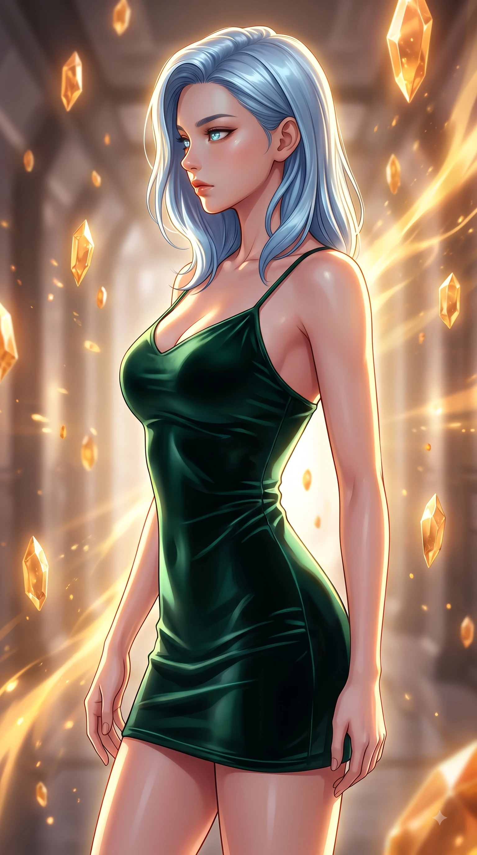 score_9, masterpiece, best quality, ultra-detailed, high-budget anime keyframe, editorial fashion photography, tasteful artistic composition, Korean woman woman. close-up cowboy shot from the waist and thighs up, the character dominates the composition, filling the frame with her large presence, background elements kept in soft focus. She has an exceptionally elegant, slender, and willowy female figure with an ultra-slim waist, a gracefully sculpted slender torso, and a refined silhouette. turning her head in a sharp dramatic profile against the key light, her eyes glowing with calm focus, flawlessly proportioned anatomical accuracy, natural body alignment, perfectly sculpted elegant limbs, clean dynamic posture without body distortion. set against a soft-focus background of a temporal corridor with floating amber time crystals. wearing a fitted dark emerald velvet slip dress with a smooth liquid sheen and delicate straps. bathed in golden temporal energy flares casting dramatic volumetric rim lighting. highly saturated vibrant anime colors, detailed shading with soft gradients, rich glossy textures, high-contrast stereoscopic depth, volumetric dynamic lighting, master piece, 9:16 ratio