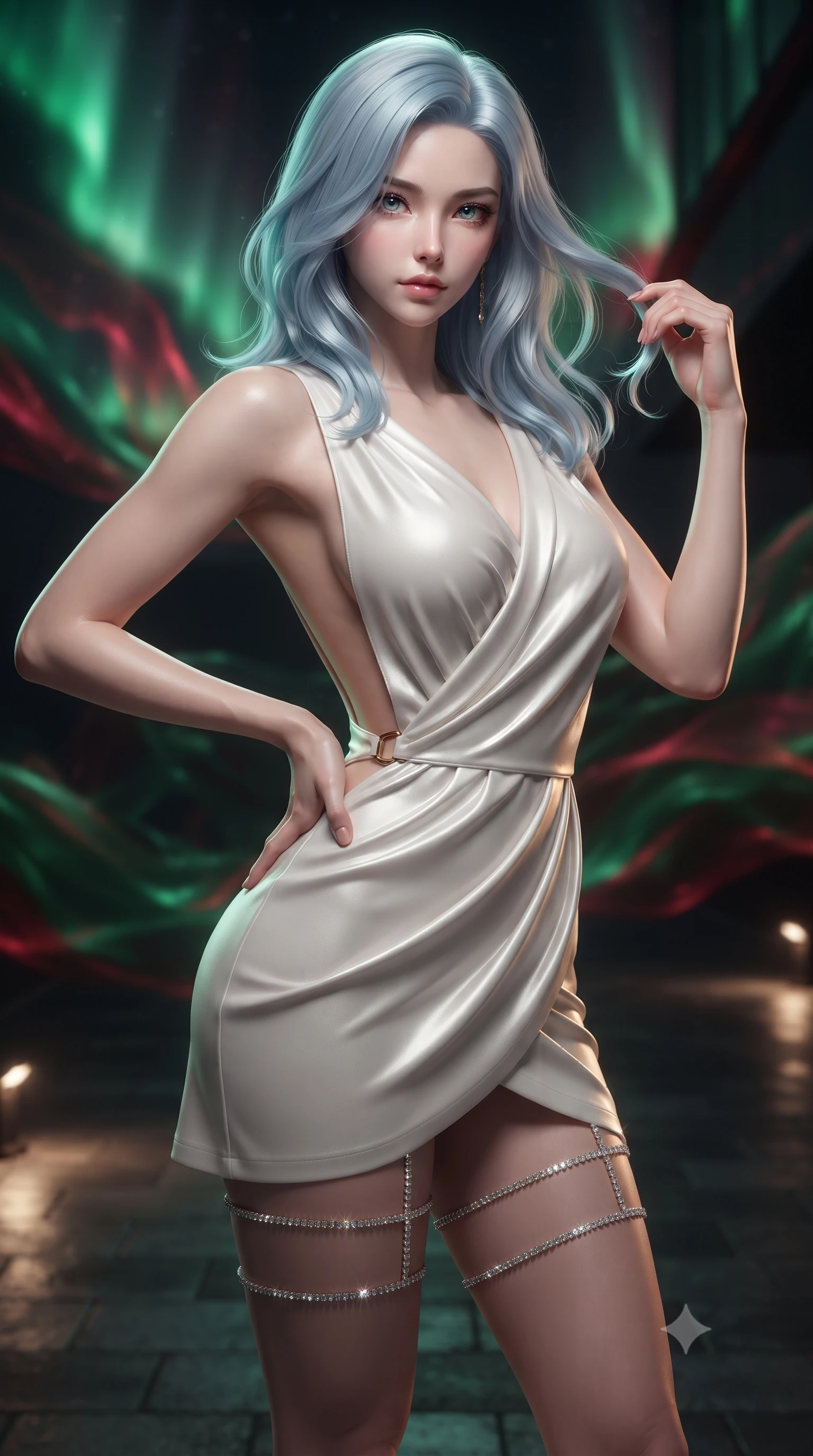 score_9, masterpiece, best quality, ultra-detailed, high-budget anime keyframe, editorial fashion photography, tasteful artistic composition, Korean woman. close-up cowboy shot from the waist and thighs up, the character dominates the composition, filling the frame with her large presence. twisting her slender torso in an alluring contrapposto stance, one hand resting on her sculpted hip while her fingers toy with her hair with effortless poise while twisting her slender torso in an alluring S-curve, dynamic green and crimson auroral waves cascading across her silhouette and curvy hips. The surrounding environment is rendered in vivid detail and crisp panoramic clarity: sharp heated dark slate paving texture, blackened architectural steel finishes, and natural reindeer pelt fur hair detail in deep focus. She has an exceptionally elegant, slender, and willowy female figure with an ultra-slim waist, flat toned midriff, narrow ribcage, and sculpted feminine hips creating an alluring, slim hourglass silhouette without bulk. sharp v-shaped jawline, high-bridge nose, sparkling eyes with hypnotic seductive depth, thick curled eyelashes, glossy parted lips with a natural dewy peach sheen, alluring bedroom-eyes with an enchanting coquettish smile, exuding magnetic siren charisma and sophisticated glamour, flawlessly proportioned anatomical accuracy, strict slender model proportions, natural body alignment, perfectly sculpted long slender limbs, ultra-slim waistline, clean dynamic posture without body distortion. wearing a draped Greek-goddess style silk chiffon mini toga dress with an open back and golden hip fibula in pure pearl alabaster with platinum sheen, tailored from fine structural neoprene with crisp architectural edges and smooth contouring, finished with delicate crystal-encrusted thigh garter straps glinting in the dim light, the second-skin tailored fabric adhering flawlessly to her sculpted flat midriff and slender torso, emphasizing her long leg lines and perfectly proportioned willowy build. illuminated by ground-level warm slate up-lights and sharp icy-emerald rim lights defining her delicate clavicles, narrow waist, and curvy hips. ultra-reflective glossy finish, specular highlights, rich textural contrasts, high-contrast stereoscopic depth, volumetric dynamic lighting, 2k, ultra detail, master piece, 9:16 ratio