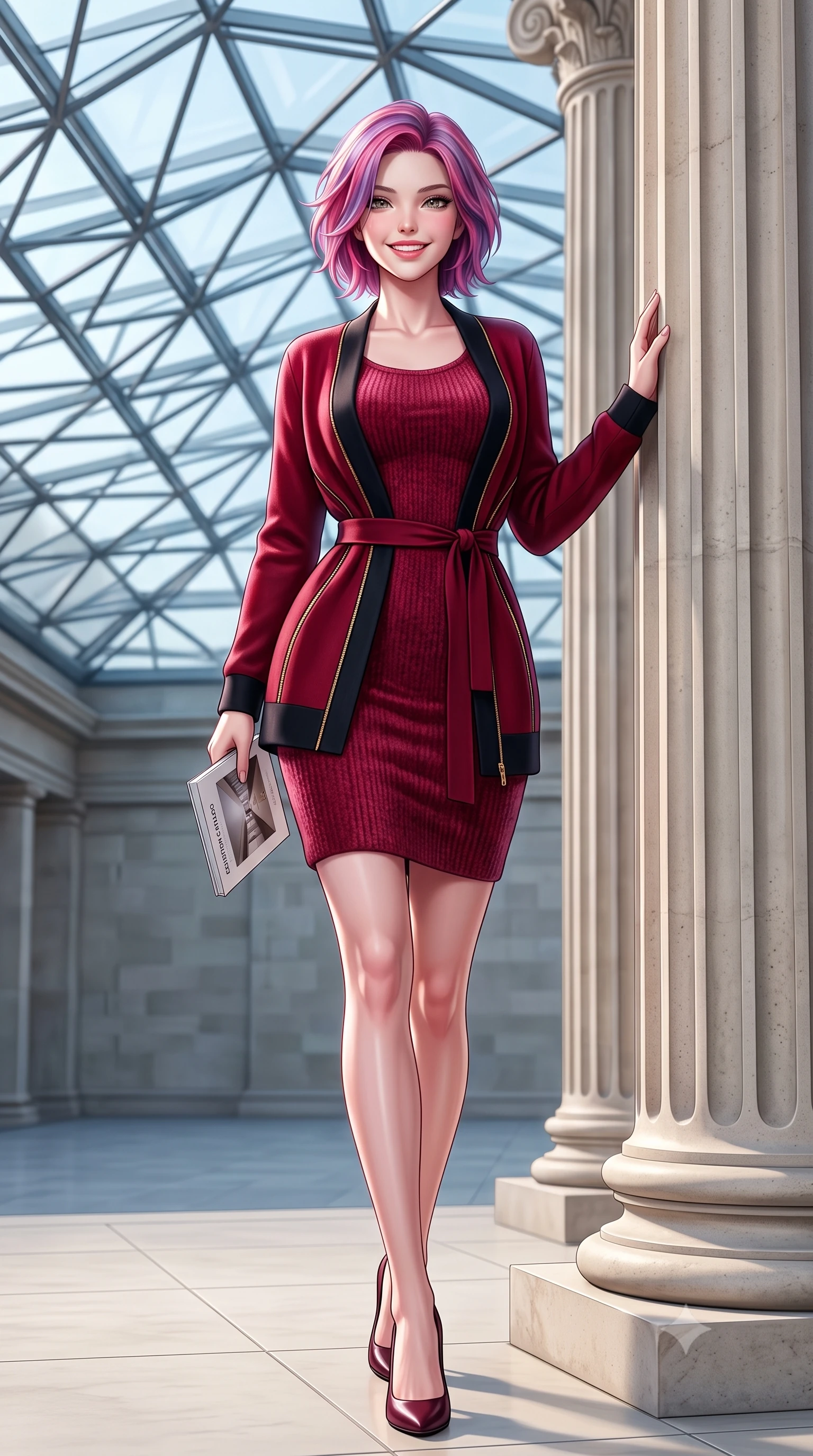 score_9, masterpiece, best quality, ultra-detailed, high-budget anime keyframe, semi-realistic 3D game render, editorial fashion photography, tasteful artistic composition, Caucasian woman. low angle full-body shot from head to toe showing her feet, filling the entire 9:16 vertical frame with her statuesque presence, stretching her vertical silhouette. stepping forward gracefully in mid-motion with a radiant beaming smile, hips swaying with supermodel rhythm as her vertical silhouette fills the frame while leaning lightly against the fluted Portland stone Corinthian column, one hand holding an exhibition catalog with refined poise. The surrounding environment is rendered in vivid detail and crisp panoramic clarity: sharp geometric steel strut joinery of glass ceiling, fluted column stone grooves, and smooth honed limestone paving joints in deep focus. She has an exceptionally tall and slender model-like 8.5-heads proportion, an ultra-slim waist, a flat toned midriff, narrow delicate ribcage, and beautifully sculpted feminine hips creating a graceful, slim hourglass silhouette without any bulky heaviness, with impossibly long slender legs. sharp v-shaped jawline, high-bridge nose, intricate jewel-like sparkling eyes with depth, thick eyelashes, glossy parted lips with a natural peach sheen, bright cheerful beaming smile with an enchanting and coquettish sensual glint, exuding both youthful cute charm and seductive allure, flawlessly proportioned anatomical accuracy, strict slender model proportions, natural body alignment, perfectly sculpted long slender limbs, ultra-slim waistline, clean dynamic posture without body distortion. wearing a form-fitting plush chenille knit bodycon dress hugging her torso and hips, layered with a belted open wool cardigan in Kyoto autumn maple crimson and deep ink black, tailored from form-contouring ribbed merino wool hugging her torso like a second skin, featuring fine gold zipper details tracing the vertical spine and contour seams, the form-contouring silhouette accentuating her sculpted flat midriff, narrow delicate ribcage, and gracefully curvy hips with intoxicating allure. illuminated by pale stone reflection bounce and sharp platinum rim lights sculpting her jawline, narrow waist, and statuesque proportions. highly saturated vibrant anime colors, detailed shading with soft gradients, rich glossy textures, high-contrast stereoscopic depth, volumetric dynamic lighting, master piece, 9:16 ratio