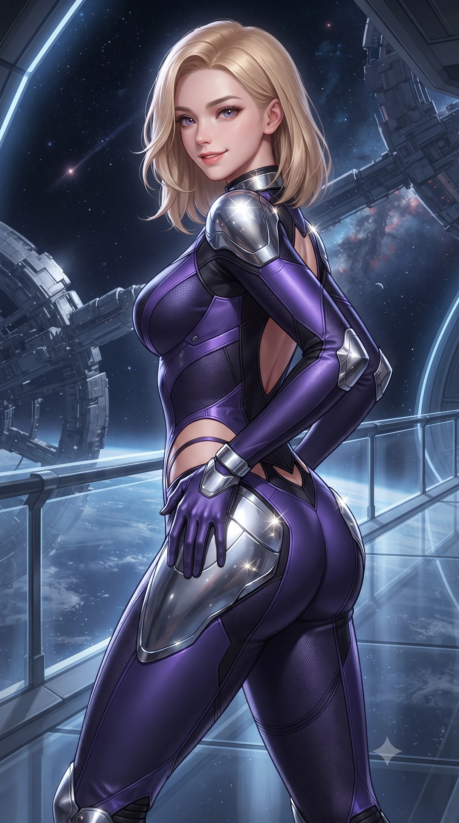 score_9, masterpiece, best quality, ultra-detailed, high-budget anime keyframe, editorial fashion photography, tasteful artistic composition, Korean woman. close-up cowboy shot from the waist and thighs up, the character dominates the composition, filling the frame with her large presence. twisting her slender torso in an alluring contrapposto stance, one hand resting on her sculpted hip armor while glancing back with effortless sovereign poise while pausing mid-stride with one hand touching her hip armor, her statuesque 8.5-heads silhouette commanding the vast cosmic panoramic vista. The surrounding environment is rendered in vivid detail and crisp panoramic clarity: detailed mesh fabric weave, starlight specular glints on armor, and orbital station architecture in razor-sharp clarity. She has an exceptionally elegant, slender, and willowy female figure with an ultra-slim waist, flat toned midriff, narrow ribcage, and sculpted feminine hips creating an alluring, slim hourglass silhouette without bulk. sharp v-shaped jawline, high-bridge nose, intricate jewel-like sparkling eyes with depth, thick eyelashes, glossy parted lips with a natural sheen, bright confident smile with an enchanting and coquettish sensual glint, exuding both youthful magnetic charm and sovereign high-tech allure, flawlessly proportioned anatomical accuracy, strict slender model proportions, natural body alignment, perfectly sculpted long slender limbs, ultra-slim waistline, clean dynamic posture without body distortion. wearing a high-performance speeder pilot catsuit with ergonomic silicone grip lines and strategic hip cutouts in neon electric violet and deep space obsidian, tailored from brushed aeronautical titanium alloy with matte satin sheen, accented with strategically placed chrome armor plate guards covering key curves, the precision-cut side openings and low-back scoop framing her graceful spine and the sensual sweep of her slim, toned hips. illuminated by internal skybridge LED pathway wash and sharp platinum rim lights defining her sculpted collarbones, ultra-slim waist, and curvy hips. ultra-reflective glossy finish, specular highlights, rich textural contrasts, high-contrast stereoscopic depth, volumetric dynamic lighting, 2k, ultra detail, master piece, 9:16 ratio
