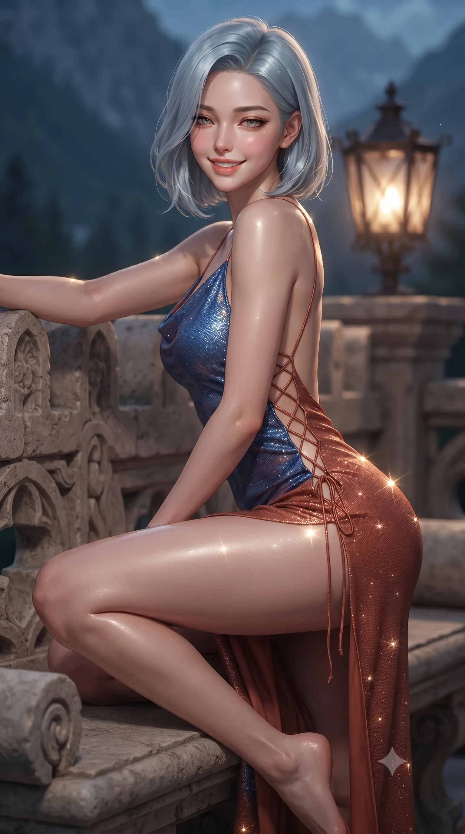 score_9, masterpiece, best quality, ultra-detailed, high-budget anime keyframe, editorial fashion photography, tasteful artistic composition, Korean woman. close-up cowboy shot from the waist and thighs up, the character dominates the composition, filling the frame with her large presence. perched sideways on the lounge seat, one knee drawn up to showcase her slender leg line while her arched back accentuates her feminine hip curve while leaning against the carved stone crenelation with hips cocked back, looking out over the moonlit Bavarian alpine wilderness with heavy-lidded bedroom-eyes. The background shows a soft-focus antique wrought-iron lantern glow softened in romantic 19th-century castle shallow focus. She has an exceptionally elegant, slender, and willowy female figure with an ultra-slim waist, flat toned midriff, narrow ribcage, and sculpted feminine hips creating an alluring, slim hourglass silhouette without bulk. sharp v-shaped jawline, high-bridge nose, intricate jewel-like sparkling eyes with depth, thick eyelashes, glossy parted lips with a natural peach sheen, bright cheerful beaming smile with an enchanting and coquettish sensual glint, exuding both youthful cute charm and seductive allure, flawlessly proportioned anatomical accuracy, strict slender model proportions, natural body alignment, perfectly sculpted long slender limbs, ultra-slim waistline, clean dynamic posture without body distortion. wearing a form-contouring gossamer silk chiffon slip dress with a hip-high slit and open cowl back clinging with dewy moisture in Andalusian Alhambra azulejo cobalt and warm terracotta copper, woven from stretch metallic lurex jersey casting radiant starlight glints across her curves, featuring fine criss-cross lace-up side ties revealing tantalizing glimpses of her hip curve, the form-contouring silhouette accentuating her sculpted flat midriff, narrow delicate ribcage, and gracefully curvy hips with intoxicating allure. illuminated by stone terrace bounce and sharp platinum-gold rim lights sculpting her jawline, narrow waist, and curvy hips. ultra-reflective glossy finish, specular highlights, rich textural contrasts, high-contrast stereoscopic depth, volumetric dynamic lighting, 2k, ultra detail, master piece, 9:16 ratio
