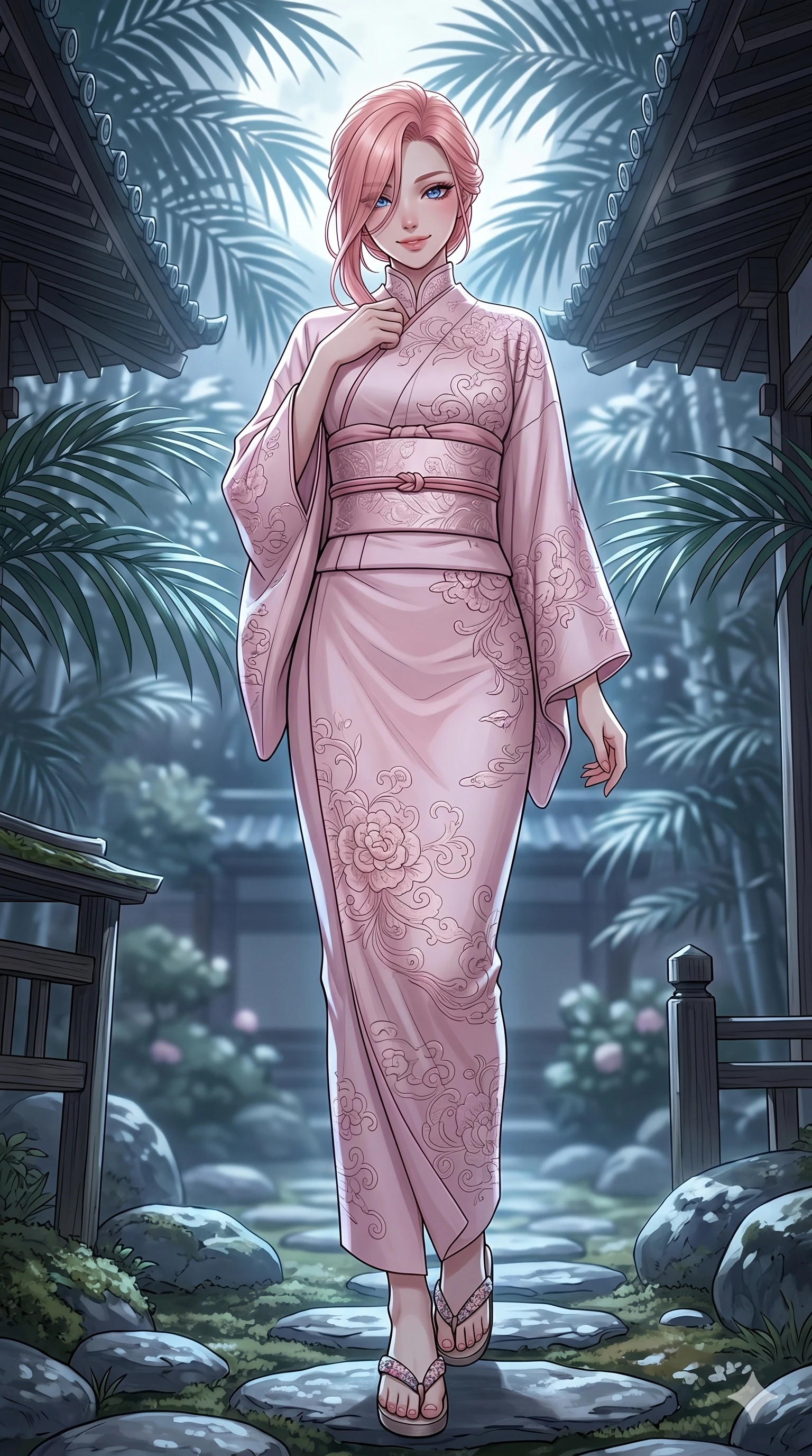 score_9, masterpiece, best quality, ultra-detailed, high-budget anime keyframe, editorial fashion photography, tasteful artistic composition, Japanese woman. low angle full-body shot from head to toe showing her feet, filling the entire 9:16 vertical frame with her statuesque presence, stretching her vertical silhouette. tilting her head with a playful, teasing smile, letting a lock of hair fall over her eyes in a quiet seaside garden illuminated by bright midday sunshine (Code-P19-034). She has an absolutely perfect 8-heads proportion, an exceptionally tall and slender female figure with impossibly long slender legs and an ultra-slim waist. V-shaped jawline, high-bridge nose, intricate jewel-like eyes with depth, thick eyelashes, glossy lips with a natural sheen. wearing a modern high-neck traditional robe in light pink silk with long elegant sleeves. soft silver moonlight filtered through the palm leaves, creating a mystical and elegant glow. 2k, ultra detail, master piece, 9:16 ratio