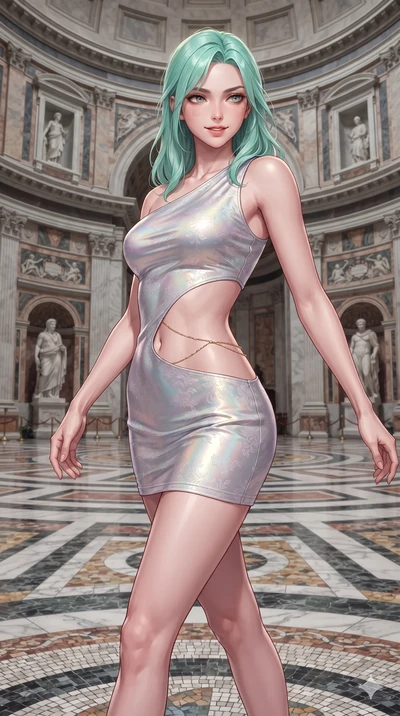 Japanese woman. twisting her slender torso in a deep contrapposto stance, hips dramatically shifted to accentuate her feminine curves while looking past her shoulder with smoldering bedroom-eyes while stepping gracefully across the mosaic marble floor, her long slender legs and curvy hourglass hips commanding the monumental rotunda. The...