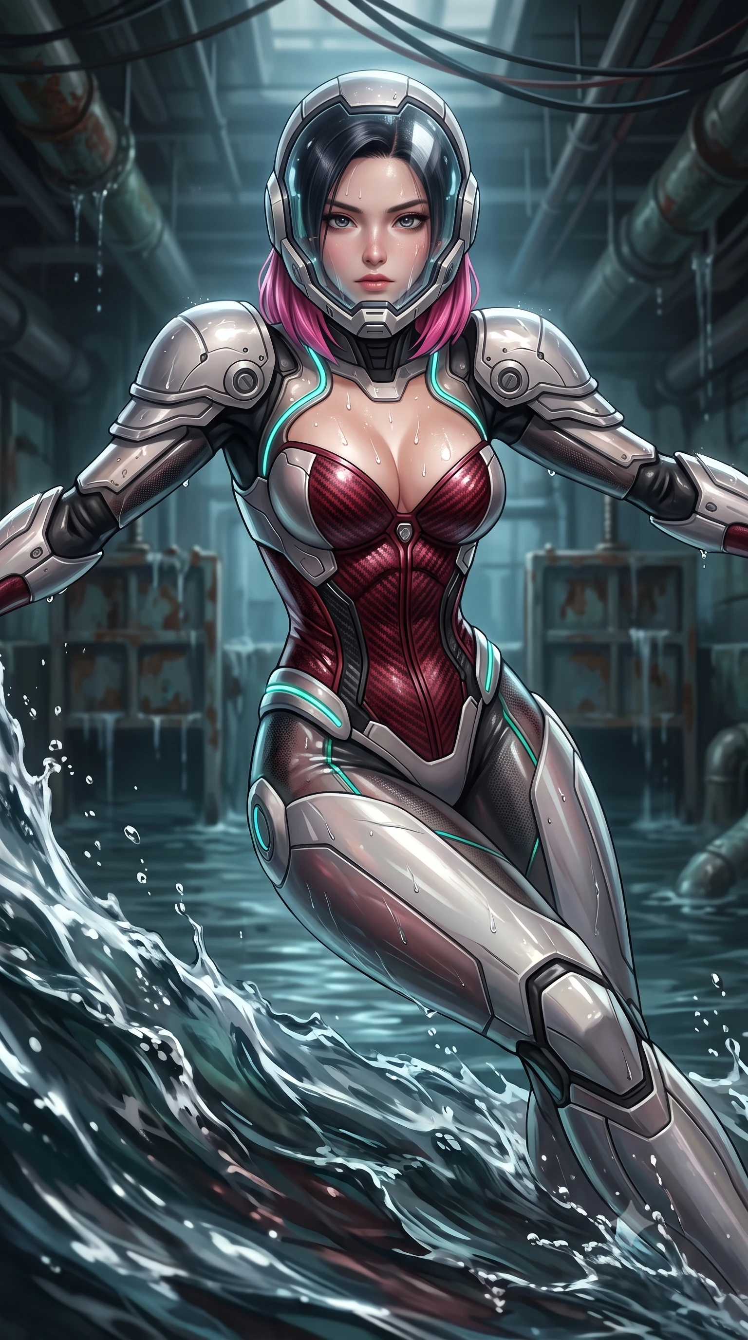 score_9, masterpiece, best quality, ultra-detailed, high-budget anime keyframe, semi-realistic 3D game render, editorial fashion photography, tasteful artistic composition, Korean woman. close-up cowboy shot from the waist and thighs up, the character dominates the composition, filling the frame with her large presence. tilting her head slightly with solemn warrior composure, sweat and rain glistening on her sculpted collarbones and high-bridge nose while sliding across the wet floor into a low sweep stance, sending a high-pressure wave of water cascading toward the camera. The composition keeps background elements in soft focus with creamy bokeh. submerged industrial sluice gates and dripping overhead conduits softened in atmospheric shallow focus. She has an exceptionally elegant, slender, and willowy female figure with an ultra-slim waist, a gracefully sculpted slender torso, toned flat midriff, and a refined slim silhouette. sharp v-shaped jawline, high-bridge nose, intricate jewel-like eyes with depth, thick eyelashes, glossy lips with a natural sheen, fierce and resolute heroine expression, flawlessly proportioned anatomical accuracy, strict slender model proportions, natural body alignment, perfectly sculpted long slender limbs, ultra-slim waistline, clean dynamic posture without body distortion. wearing a crystal-clear transparent armored riot-visor helmet showing her entire beautiful face and determined expression with pristine clarity, paired with a statuesque high-fashion cyber-warrior armor suit with platinum bevels, heavy articulated shoulder guards, and an ultra-slim waist-cinching corset in deep battle-scarred crimson carbon weave with specular dark chrome accents, crafted from semi-translucent cybernetic carbon-vinyl interwoven with glowing micro-filaments, accented with glowing fiber-optic telemetry conduits tracing her collarbones and hip curves, the form-contouring material adhering flawlessly to her sculpted flat midriff and slender torso, emphasizing her long leg lines and perfectly proportioned willowy build. surrounded by an agile, lethal, and breathtakingly athletic aquatic infiltration operative aura. rich saturated anime colors with glowing neon highlights, detailed shading with soft gradients, rich glossy textures, high-contrast stereoscopic depth, volumetric dynamic lighting, master piece, 9:16 ratio