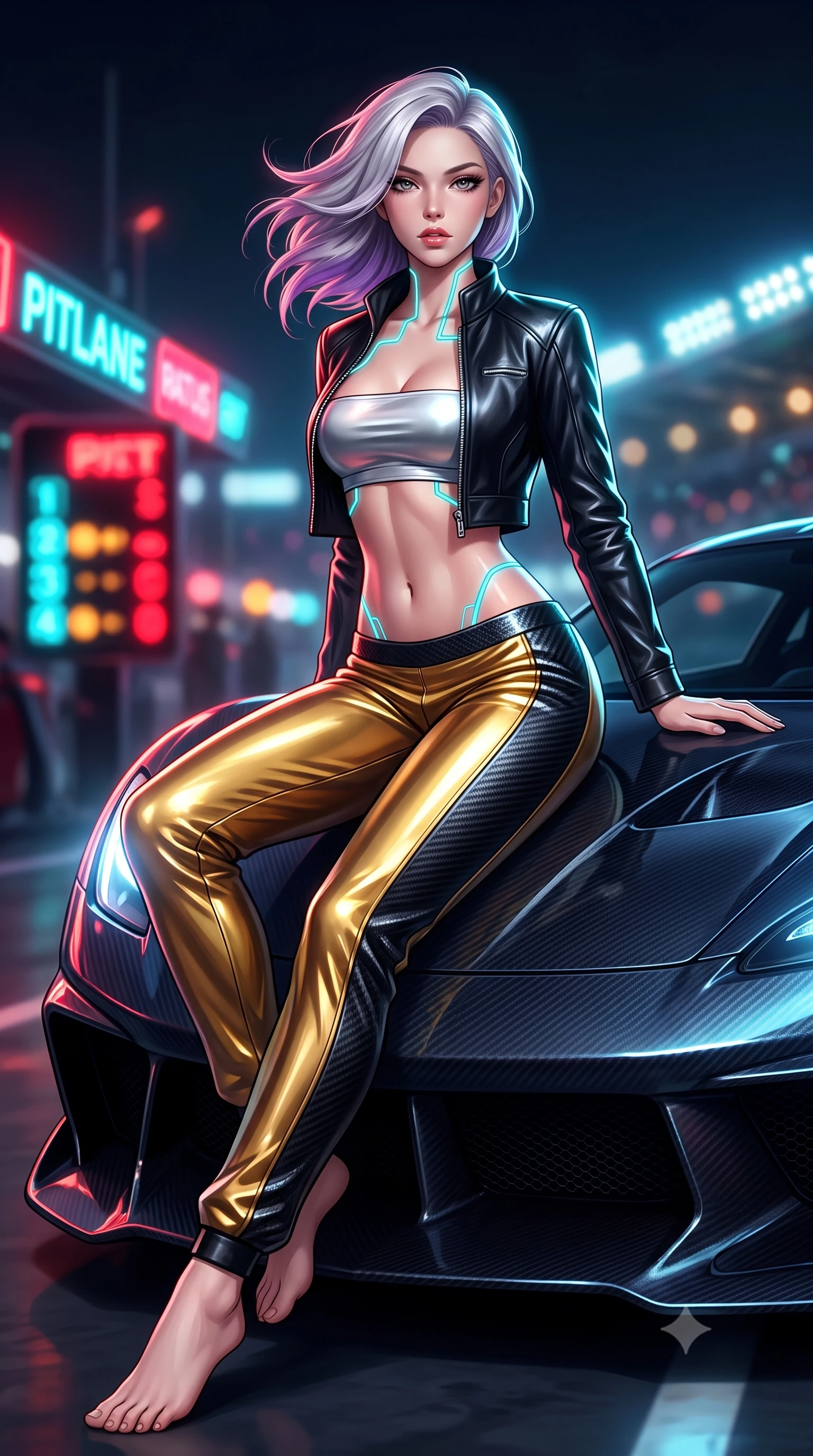 score_9, masterpiece, best quality, ultra-detailed, high-budget anime keyframe, semi-realistic 3D game render, editorial fashion photography, tasteful artistic composition, Caucasian woman. low angle full-body shot from head to toe showing her feet, filling the entire 9:16 vertical frame with her statuesque presence, stretching her vertical silhouette. leaning deep against the structural architecture with hips cocked in an unapologetically bold, seductive high-fashion stance while sitting poised on the glossy carbon-fiber hood of a midnight hypercar, one leg extended and torso angled back with seductive confidence. The composition keeps background elements in soft focus with creamy bokeh. flashing neon pitlane status boards and distant crowd stadium lights blurred into blazing crimson, electric cyan, and amber bokeh. She has an absolutely perfect, statuesque 8.5-heads proportion, an exceptionally tall and slender model-like female figure with impossibly long slender legs, a toned flat midriff, and an ultra-slim waist. sharp v-shaped jawline, high-bridge nose, intricate jewel-like eyes with depth, thick eyelashes, glossy parted lips with a natural sheen, intensely captivating and seductive expression, flawlessly proportioned anatomical accuracy, strict slender model proportions, natural body alignment, perfectly sculpted long slender limbs, ultra-slim waistline, clean dynamic posture without body distortion. wearing a cropped leather racing jacket unzipped over a reflective silver bandeau top and low-rise carbon track pants in metallic liquid gold and obsidian black, formed from ultra-sleek carbon-fiber reinforced composite with specular sheen, finished with glowing cyan circuit lines tracing her collarbones and shoulders, the athletic second-skin cut highlighting her toned flat midriff and slender model proportions during dynamic action. surrounded by a fierce, electrifying, and irresistibly intoxicating motorsport queen aura. highly saturated vibrant anime colors, detailed shading with soft gradients, rich glossy textures, high-contrast stereoscopic depth, volumetric dynamic lighting, master piece, 9:16 ratio