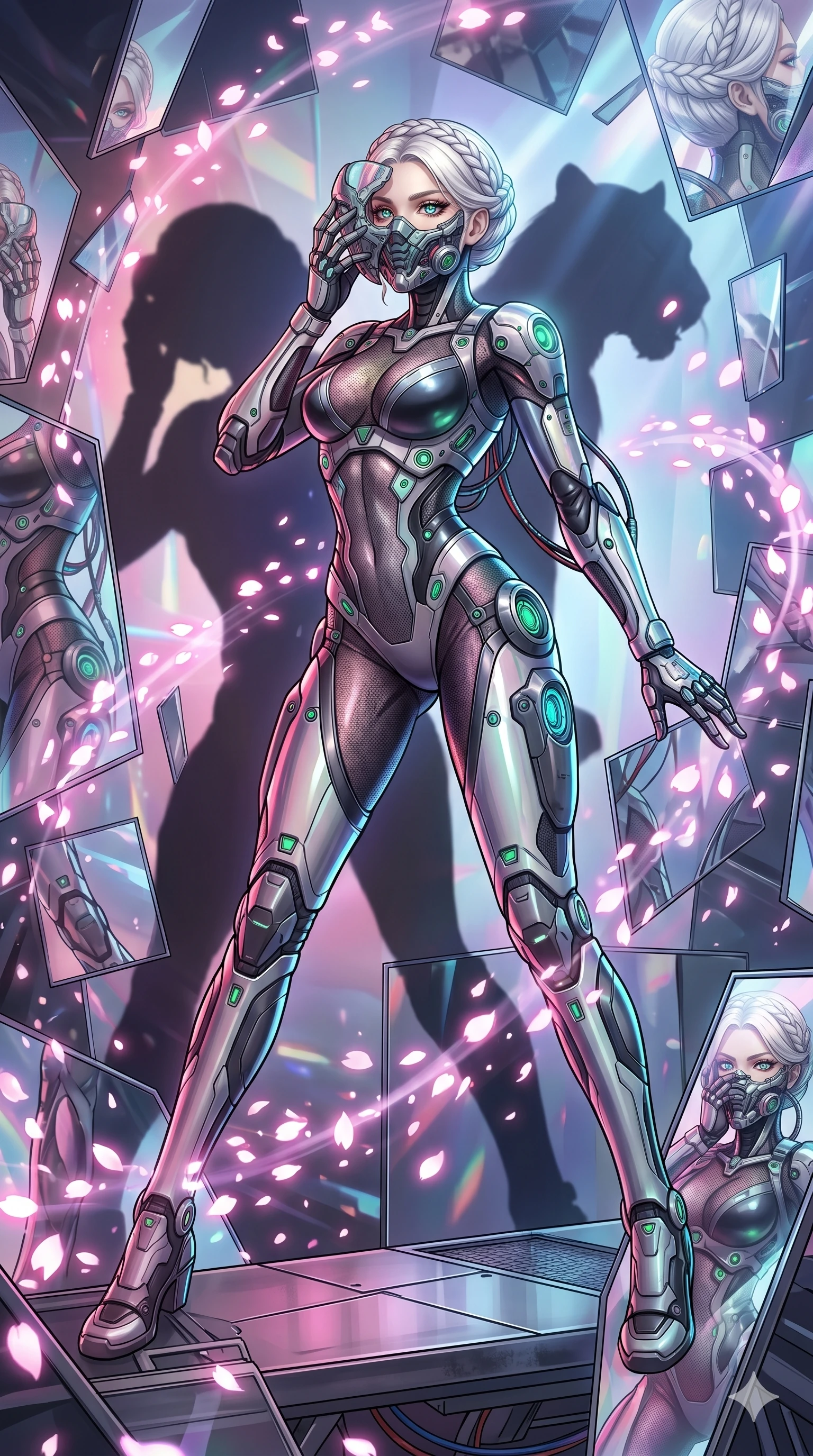 score_9, masterpiece, best quality, ultra-detailed, Set A: High-budget Anime Keyframe, Caucasian (strictly human ears) woman. Low angle cowboy shot filling the entire 9:16 frame with her statuesque presence. Adjusting a mask through a dimension of floating mirrors, while her shadow mimics the movements of a predator 85 and surrounded by digital sakura petals. She has an absolutely perfect 8-heads proportion, an exceptionally tall and slender female figure with impossibly long slender legs and an ultra-slim waist. Sharp v-shaped jawline, high-bridge nose, intricate jewel-like eyes with depth, thick eyelashes, glossy lips with a natural sheen. Wearing Cybernetic exoskeleton frame over a sleek skin-tight latex suit with glowing ports. Cinematic lighting, vibrant colors, dramatic shadows, 2k, ultra detail, master piece, 9:16 ratio