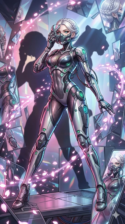 score_9, masterpiece, best quality, ultra-detailed, Set A: High-budget Anime Keyframe, Caucasian (strictly human ears) woman. Low angle cowboy shot filling the entire 9:16 frame with her statuesque presence. Adjusting a mask through a dimension of fl