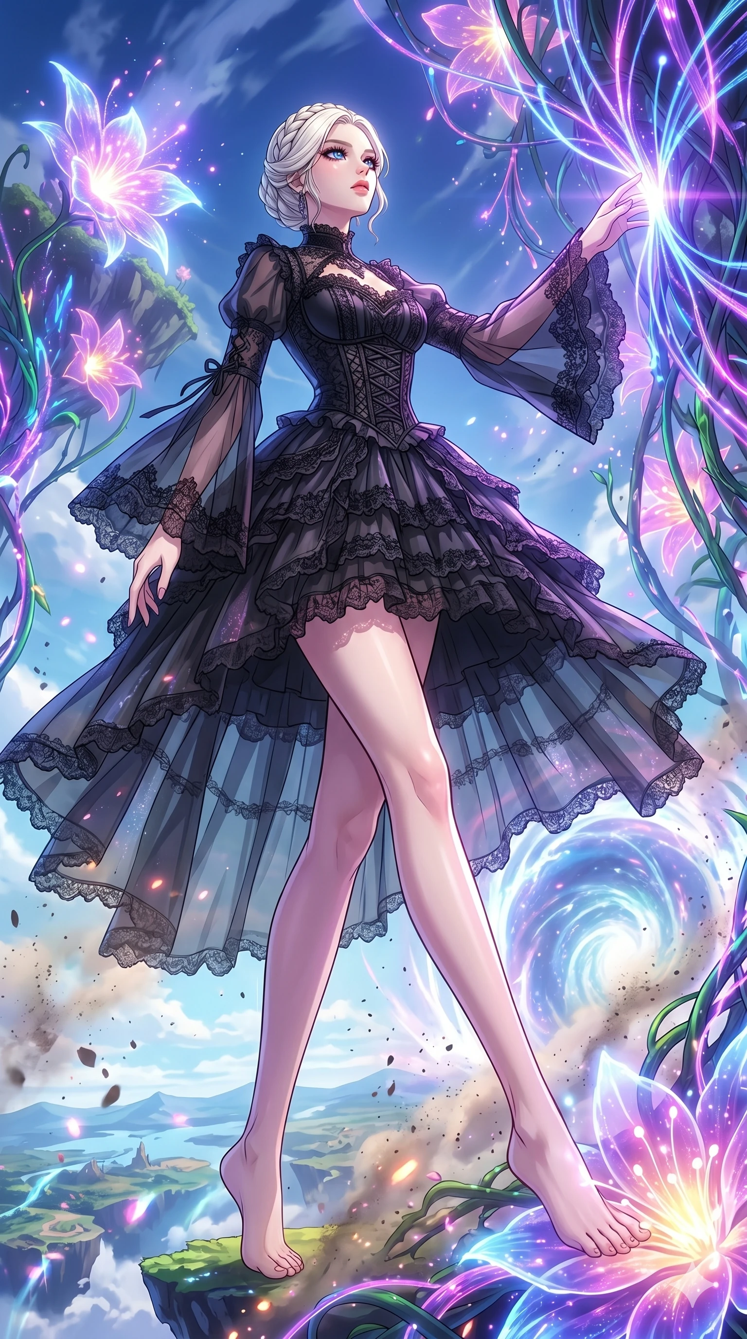 score_9, masterpiece, best quality, ultra-detailed, High-budget Anime Keyframe, vibrant colors, fluid line-art, expressive lighting, cinematic composition, Ufotable-style visual effects, top-tier animation quality, Korean woman with idol-like refined features. Low angle cowboy shot filling the entire 9:16 frame with her statuesque presence, looking up to emphasize her height. Walking through a forest of fiber-optic vines that react to her touch by glowing brighter. She has an absolutely perfect 8-heads proportion, an exceptionally tall and slender female figure with impossibly long slender legs and an ultra-slim waist, her statuesque height and towering silhouette dominating the vertical 9:16 frame. Her face is a masterpiece featuring a sharp v-shaped jawline, high-bridge nose, intricate jewel-like eyes with depth, thick eyelashes, and glossy lips with a natural sheen. She is wearing a Ornate gothic lolita dress with layers of black lace, corset-style gown with flowing bell sleeves, and sheer fabric transparency.. The scene is set in a floating island covered in giant glowing flowers and vines of pure energy. 2k, ultra detail, master piece, 9:16 ratio