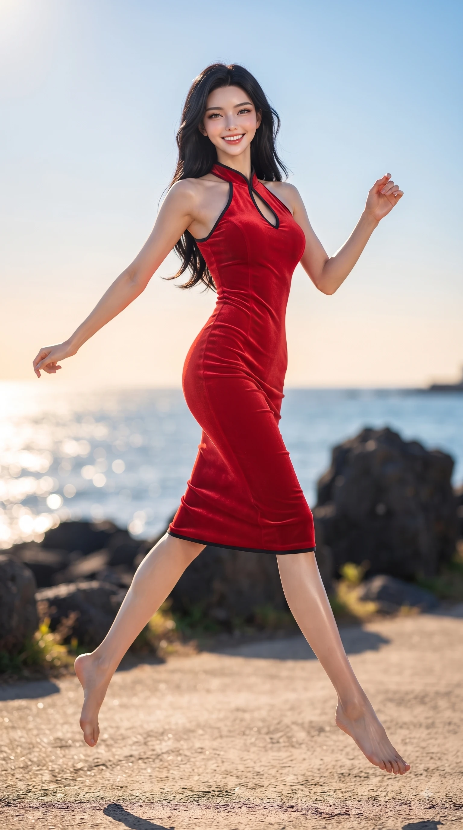score_9, masterpiece, best quality, ultra-detailed, high-budget anime keyframe, editorial fashion photography, tasteful artistic composition, Korean woman. low angle full-body shot from head to toe showing her feet, filling the entire 9:16 vertical frame with her statuesque presence, stretching her vertical silhouette. leaping with pure youthful energy through the scene with a radiant bright smile, her long slender legs balanced gracefully while strolling along a sun-drenched island path with the sparkling sea stretching into the distance. The composition keeps background elements in soft focus with dreamy bokeh. dark basalt rocks and clear blue skies softened with a gentle background blur. She has an absolutely perfect, statuesque 8.5-heads proportion, an exceptionally tall and slender model-like female figure with impossibly long slender legs and an ultra-slim waist. sharp v-shaped jawline, high-bridge nose, intricate jewel-like eyes with depth, thick eyelashes, glossy lips with a natural sheen, flawlessly proportioned anatomical accuracy, natural body alignment, perfectly sculpted elegant limbs, clean dynamic posture without body distortion. wearing a velvet halter-neck midi dress fitting her statuesque contour flawlessly in vibrant scarlet red and sleek black trim, made of premium stretch jersey that follows her curves like a glove, accented with a Tasteful chest slit framing her clavicle gracefully, the sleek second-skin texture accentuating her magnetic presence. illuminated by a glorious golden hour sunburst painting the sky in joyful amber and peach. ultra-reflective glossy finish, specular highlights, metallic sheen, high-contrast stereoscopic depth, volumetric dynamic lighting, 2k, ultra detail, master piece, 9:16 ratio