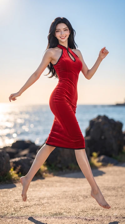 score_9, masterpiece, best quality, ultra-detailed, high-budget anime keyframe, editorial fashion photography, tasteful artistic composition, Korean woman. low angle full-body shot from head to toe showing her feet, filling the entire 9:16 vertical f