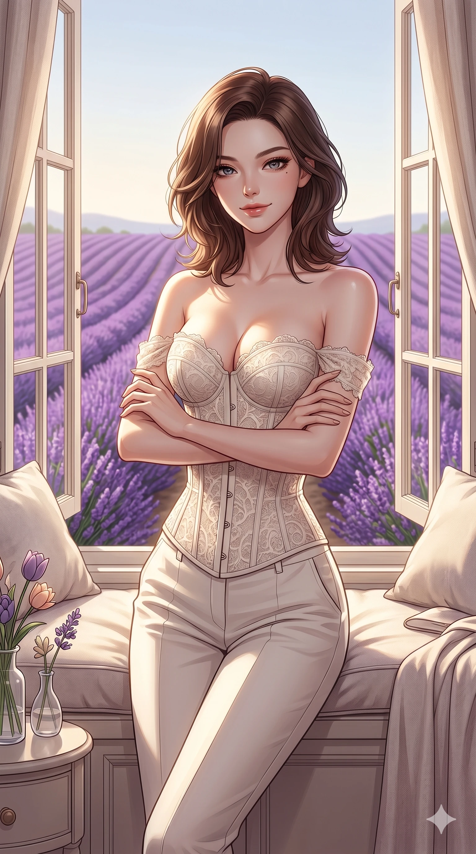 score_9, masterpiece, best quality, ultra-detailed, high-budget anime keyframe, editorial fashion photography, tasteful artistic composition, Korean woman. cowboy shot from the thighs up, character and outfit filling the frame for maximum editorial presence. crossing her arms and leaning back, casting a cool smile inside a private sunlit bedroom overlooking a field of purple lavender (Code-P18-159). She has an absolutely perfect 8-heads proportion, an exceptionally tall and slender female figure with impossibly long slender legs and an ultra-slim waist. V-shaped jawline, high-bridge nose, intricate jewel-like eyes with depth, thick eyelashes, glossy lips with a natural sheen. wearing a structured lace corset with sweetheart neckline showing cleavage. drenched in soft morning sunshine, tracing her bare shoulders and clavicle lines. 2k, ultra detail, master piece, 9:16 ratio