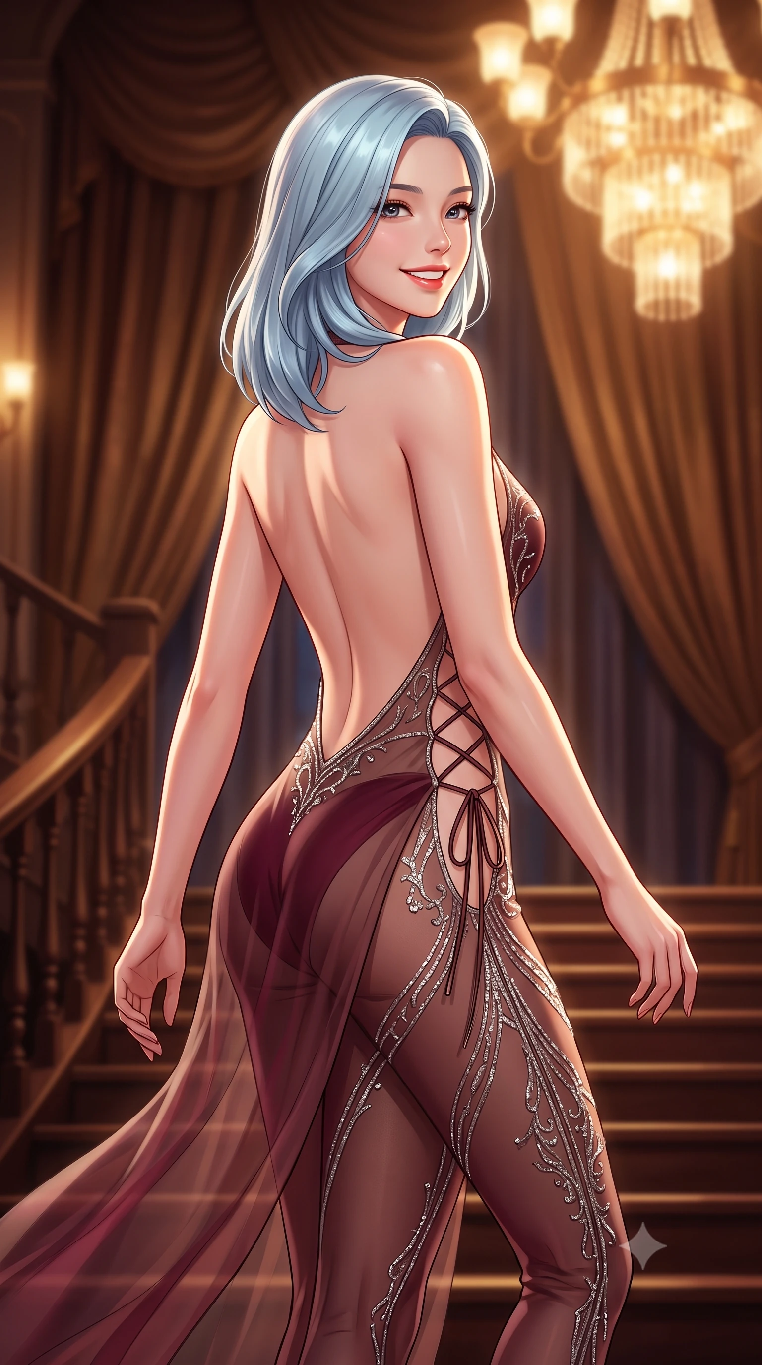 score_9, masterpiece, best quality, ultra-detailed, high-budget anime keyframe, semi-realistic 3D game render, editorial fashion photography, tasteful artistic composition, Korean woman. close-up cowboy shot from the waist and thighs up, the character dominates the composition, filling the frame with her large presence. posing in an alluring rear three-quarter angle, looking over a bare shoulder with parted glossy lips, her hips cocked back to highlight her slim hourglass curve while walking slowly down the grand private staircase with tall poised strides, evening breezes molding her sheer gown to her hourglass curves. The background shows a soft-focus heavy velvet stage curtains softened in aristocratic Shanghai golden age shallow focus. She has an exceptionally elegant, slender, and willowy female figure with an ultra-slim waist, flat toned midriff, narrow ribcage, and sculpted feminine hips creating an alluring, slim hourglass silhouette without bulk. sharp v-shaped jawline, high-bridge nose, intricate jewel-like sparkling eyes with depth, thick eyelashes, glossy parted lips with a natural peach sheen, bright cheerful beaming smile with an enchanting and coquettish sensual glint, exuding both youthful cute charm and seductive allure, flawlessly proportioned anatomical accuracy, strict slender model proportions, natural body alignment, perfectly sculpted long slender limbs, ultra-slim waistline, clean dynamic posture without body distortion. wearing a backless sheer illusion mesh catsuit with strategic crystalline silver flocking tracing her long slender leg lines in French boudoir bordeaux wine and antique brass, made of sheer gossamer chiffon that drapes softly against skin with airy translucence, featuring fine criss-cross lace-up side ties revealing tantalizing glimpses of her hip curve, the form-contouring silhouette accentuating her sculpted flat midriff, narrow delicate ribcage, and gracefully curvy hips with intoxicating allure. bathed in the opulent golden 2600K radiance of multi-tiered Art Deco chandeliers dimmed to an intimate evening glow. highly saturated vibrant anime colors, detailed shading with soft gradients, rich glossy textures, high-contrast stereoscopic depth, volumetric dynamic lighting, master piece, 9:16 ratio
