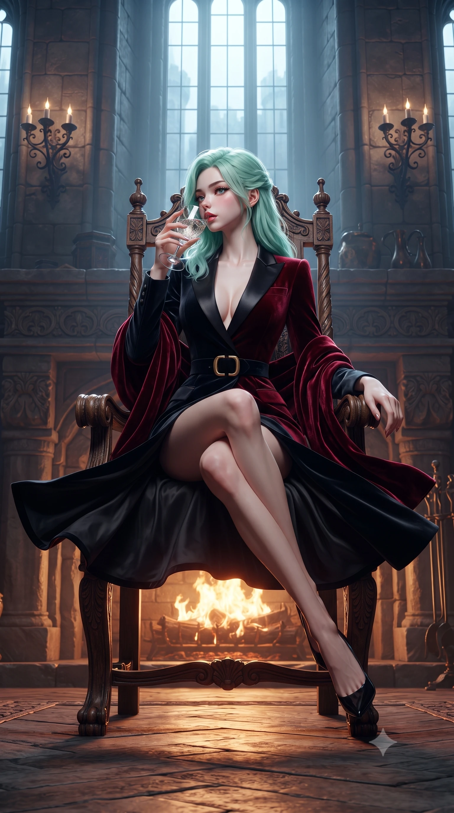 score_9, masterpiece, best quality, ultra-detailed, high-budget anime keyframe, editorial fashion photography, tasteful artistic composition, Japanese woman. low angle full-body shot from head to toe showing her feet, filling the entire 9:16 vertical frame with her statuesque presence, stretching her vertical silhouette. executing an elegant mid-motion pivot turn as garments swirl around her slender limbs, glancing over her shoulder with an intoxicating bedroom-gaze while sitting high on an antique carved oak throne before a roaring stone fireplace with legs crossed, raising a crystal dram to her parted glossy lips while looking over her shoulder. The surrounding environment is rendered in vivid detail and crisp panoramic clarity. sharp aged castle masonry grain, wrought-iron wall sconces, and carved oak wood textures in deep focus. She has an exceptionally tall and slender model-like 8.5-heads proportion, an ultra-slim waist, a flat toned midriff, narrow delicate ribcage, and beautifully sculpted feminine hips creating a graceful, slim hourglass silhouette without any bulky heaviness, with impossibly long slender legs. sharp v-shaped jawline, high-bridge nose, intricate jewel-like eyes with depth, thick eyelashes, glossy parted lips with a natural sheen, intensely captivating and seductive bedroom-eyes expression, flawlessly proportioned anatomical accuracy, strict slender model proportions, natural body alignment, perfectly sculpted long slender limbs, ultra-slim waistline, clean dynamic posture without body distortion. wearing a tailored velvet tuxedo jacket dress with satin lapels, worn with a deep plunge neckline and gold hip buckle in phantom obsidian black and blood-red velvet, made of fluid silk crepe with delicate inner corsetry boning, complemented by a plush velvet shawl draped loosely over her elbows, the second-skin form-contouring cut accentuating her sculpted flat midriff, narrow delicate ribcage, and gracefully curvy hips with supermodel precision. bathed in roaring stone hearth firelight from below and cool misty daylight streaming from towering castle windows. ultra-reflective glossy finish, specular highlights, rich textural contrasts, high-contrast stereoscopic depth, volumetric dynamic lighting, 2k, ultra detail, master piece, 9:16 ratio
