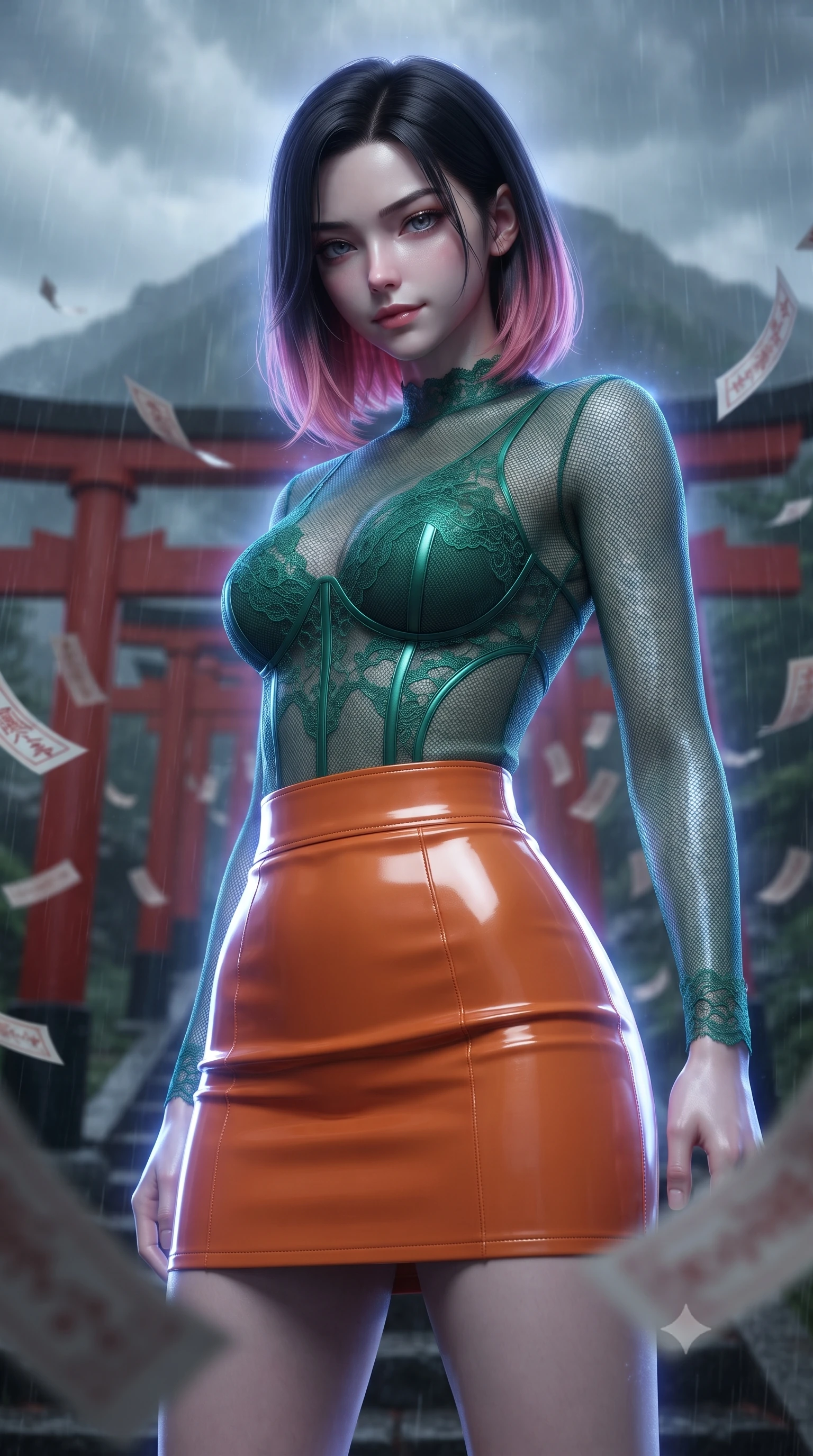 score_9, masterpiece, best quality, ultra-detailed, high-budget anime keyframe, editorial fashion photography, tasteful artistic composition, realistic cosplay photography, Korean woman. close-up cowboy shot from the waist and thighs up, the character dominates the composition, filling the frame with her large presence, background elements kept in soft focus. Looking down at the opponent with quiet, menacing intensity and a cold half-smile. set against a soft-focus background of a path of red Japanese torii gates leading up a mountain during a storm, paper talismans peeling and flying in the wind. She has an exceptionally elegant and slender, willowy female figure with an ultra-slim waist, a gracefully sculpted slender torso, and a refined slim physique. sharp v-shaped jawline, high-bridge nose, intricate jewel-like eyes with depth, thick eyelashes, glossy lips with a natural sheen. wearing tailored for maximum mobility, sleek form-contouring panels that allow fluid movement, a body-hugging see-through mesh top in emerald green with lace detailing, paired with a structured orange skirt in a high-gloss finish. cool ethereal blue-violet bioluminescent glow wrapping around her from all sides. ultra-reflective glossy finish, specular highlights, metallic sheen, high-contrast stereoscopic depth, volumetric dynamic lighting, 2k, ultra detail, master piece, 9:16 ratio