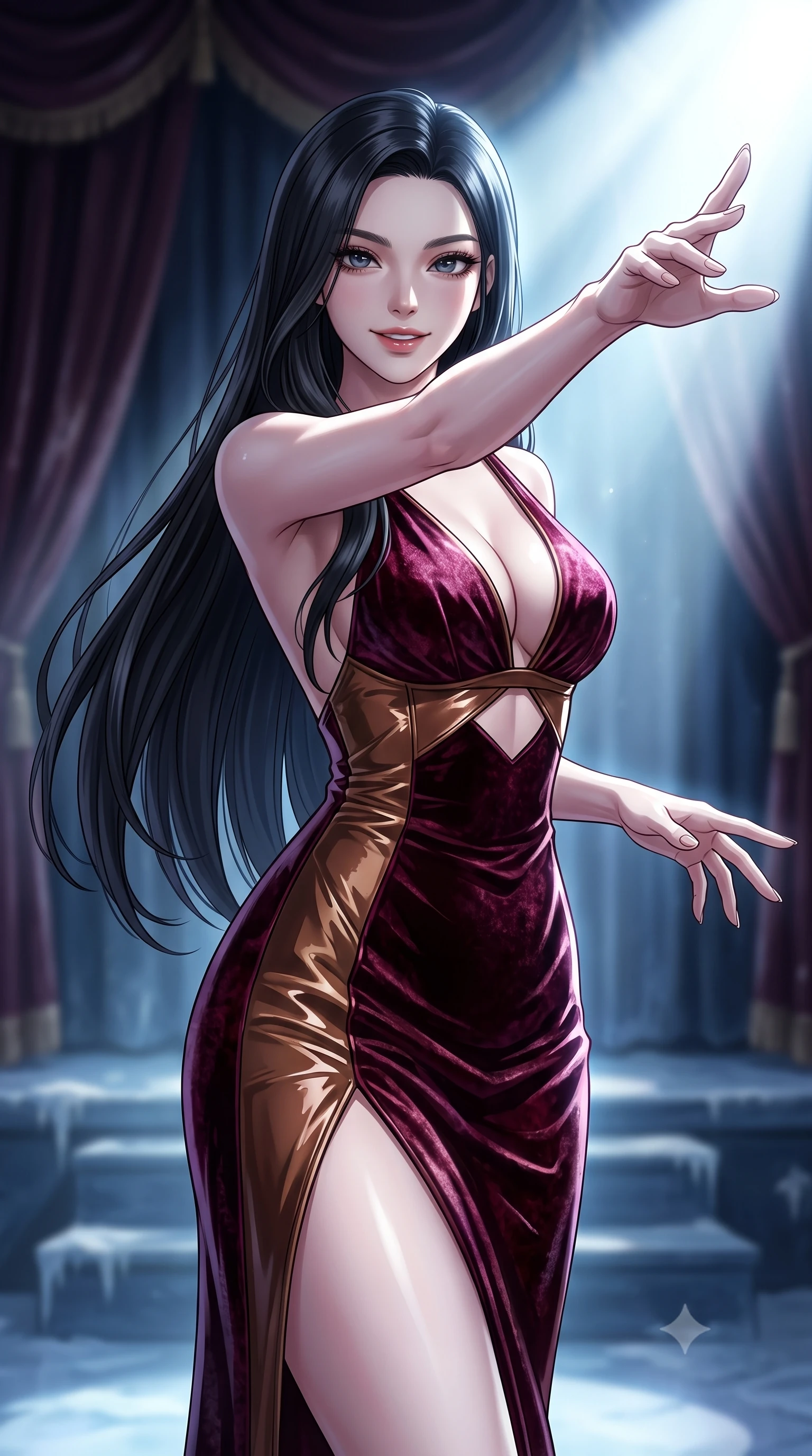 score_9, masterpiece, best quality, ultra-detailed, high-budget anime keyframe, editorial fashion photography, tasteful artistic composition, Korean woman. close-up cowboy shot from the waist and thighs up, the character dominates the composition, filling the frame with her large presence, background elements kept in soft focus. Extending one arm in an elegant stretch toward the light while smiling with magnetic self-assurance while reaching her hand forward toward a solitary spotlight isolating her statuesque posture, dramatic opera spotlights casting sharp dynamic shadows across the frozen stage. She has an exceptionally elegant, slender, and willowy female figure with an ultra-slim waist, a gracefully sculpted slender torso, and a refined silhouette. sharp v-shaped jawline, high-bridge nose, intricate jewel-like eyes with depth, thick eyelashes, glossy lips with a natural sheen, flawlessly proportioned anatomical accuracy, natural body alignment, perfectly sculpted elegant limbs, clean dynamic posture without body distortion. wearing a backless crushed velvet gown with a deep V-neckline and high thigh slit in deep burgundy and bronze, tailored from high-gloss patent leather, featuring subtle geometric cutouts that highlight her ultra-slim midriff, the glove-like fit emphasizing her statuesque silhouette during motion. surrounded by a high-contrast icy luminescence and deep velvet shadows. highly saturated vibrant anime colors, detailed shading with soft gradients, rich glossy textures, high-contrast stereoscopic depth, volumetric dynamic lighting, master piece, 9:16 ratio