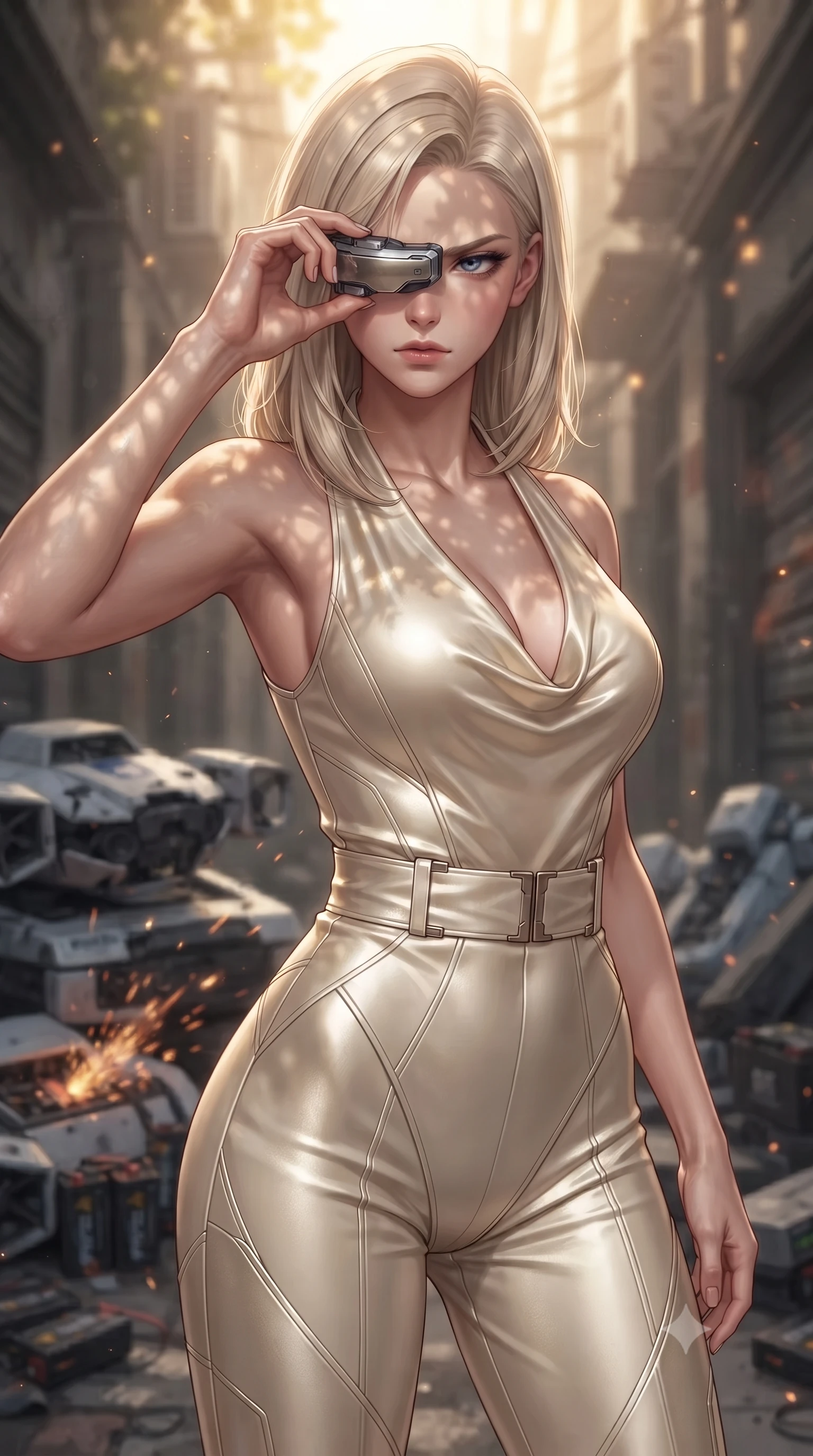 score_9, masterpiece, best quality, ultra-detailed, high-budget anime keyframe, editorial fashion photography, tasteful artistic composition, realistic cosplay photography, Caucasian woman, strictly human ears. close-up cowboy shot from the waist and thighs up, the character dominates the composition, filling the frame with her large presence, background elements kept in soft focus. Adjusting her tactical visor with one hand, eyes narrowed in sharp concentration at the target. set against a soft-focus background of a dead-end alley where broken police drones are stacked, sparks still flying from exposed batteries. She has an exceptionally elegant and slender, willowy female figure with an ultra-slim waist, a gracefully sculpted slender torso, and a refined slim physique. sharp v-shaped jawline, high-bridge nose, intricate jewel-like eyes with depth, thick eyelashes, glossy lips with a natural sheen. wearing tailored for maximum mobility, sleek form-contouring panels that allow fluid movement, a tailored tailored jumpsuit in cream silk with a plunging cowl neck and a matching wide belt that emphasizes her ultra-slim waist. warm golden afternoon sunbeams casting soft organic leaf shadows across her skin. ultra-reflective glossy finish, specular highlights, metallic sheen, high-contrast stereoscopic depth, volumetric dynamic lighting, 2k, ultra detail, master piece, 9:16 ratio