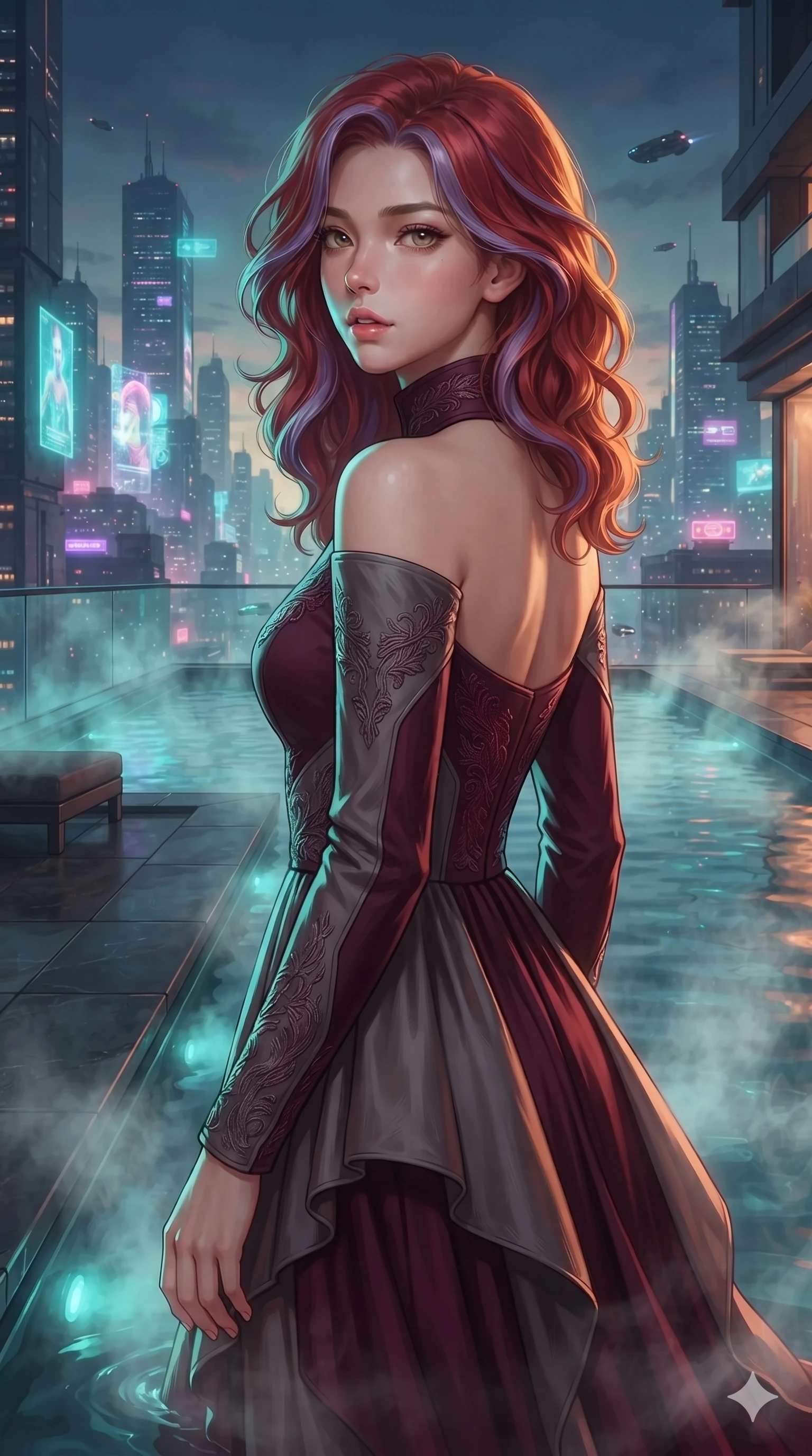 score_9, masterpiece, best quality, ultra-detailed, high-budget anime keyframe, editorial fashion photography, tasteful artistic composition, Caucasian woman. close-up cowboy shot from the waist and thighs up, the character dominates the composition, filling the frame with her large presence. posing in an alluring rear three-quarter angle, looking over a bare shoulder with parted glossy lips, her hips cocked back to highlight her slim hourglass curve while standing poised ankle-deep in the steaming mineral water at the edge of the infinity pool, arching her lower back with sovereign supermodel grace overlooking the neon metropolis. The surrounding environment is rendered in vivid detail and crisp panoramic clarity: detailed wet-look silk wrap tailoring, fine mesh accents, and architectural rooftop infinity pool design in razor-sharp clarity. She has an exceptionally elegant, slender, and willowy female figure with an ultra-slim waist, flat toned midriff, narrow ribcage, and sculpted feminine hips creating an alluring, slim hourglass silhouette without bulk. sharp v-shaped jawline, high-bridge nose, intricate jewel-like sparkling eyes with depth, thick eyelashes, glossy parted lips with a natural sheen, intensely captivating and seductive bedroom-eyes expression, exuding both youthful cute charm and sovereign luxury allure, flawlessly proportioned anatomical accuracy, strict slender model proportions, natural body alignment, perfectly sculpted long slender limbs, ultra-slim waistline, clean dynamic posture without body distortion. wearing a refined long-sleeve high-collar silk georgette diplomatic gown with structured geometric shoulder plates and pleated skirt in deep wine burgundy and brushed dark platinum, crafted from bespoke double-faced cashmere with an exceptionally soft tactile finish, finished with a minimalist chrome choker and a single teardrop diamond pendant, the bespoke structured tailoring following the natural line of her 8.5-heads silhouette with refined elegance. illuminated by water surface ripple reflections and sharp turquoise-amber rim lights carving her sculpted collarbones, ultra-slim waist, and curvy hips. ultra-reflective glossy finish, specular highlights, rich textural contrasts, high-contrast stereoscopic depth, volumetric dynamic lighting, 2k, ultra detail, master piece, 9:16 ratio
