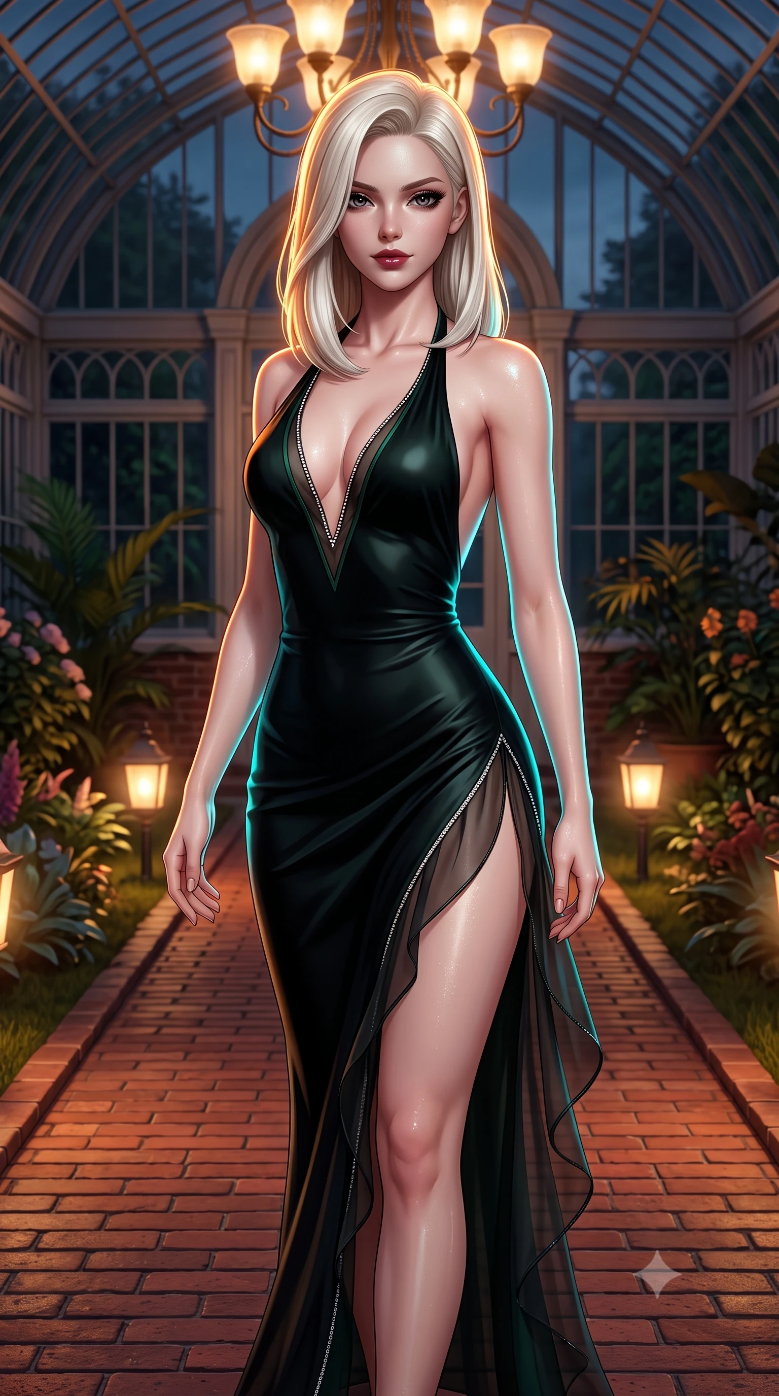 score_9, masterpiece, best quality, ultra-detailed, high-budget anime keyframe, semi-realistic 3D game render, editorial fashion photography, tasteful artistic composition, Caucasian woman. close-up cowboy shot from the waist and thighs up, the character dominates the composition, filling the frame with her large presence. turning slowly with a smoldering smile, her glossy dark hair catching the amber chandelier rim light as her hips angle gracefully in a captivating contrapposto while walking slowly down the glasshouse brick path with sovereign supermodel grace, her long slender legs and hourglass curves commanding the frame. The surrounding environment is rendered in vivid detail and crisp panoramic clarity. detailed outfit drape, moisture sheen on skin, and Victorian glasshouse architecture in high clarity. She has an exceptionally elegant, slender, and willowy female figure with an ultra-slim waist, flat toned midriff, narrow ribcage, and sculpted feminine hips creating an alluring, slim hourglass silhouette without bulk. sharp v-shaped jawline, high-bridge nose, intricate jewel-like dark sparkling eyes with dangerous depth, thick curled eyelashes, glossy parted lips with a rich wine sheen, smoldering seductive half-smile with bedroom-eyes, exuding effortless superiority and intoxicating dark allure, flawlessly proportioned anatomical accuracy, strict slender model proportions, natural body alignment, perfectly sculpted long slender limbs, ultra-slim waistline, clean dynamic posture without body distortion. wearing a backless liquid jet-black halter slip dress with a thigh-high side slit ascending to the high hip in dark emerald green and brushed antique bronze, crafted from layered gossamer black organza with weightless, smoky flutter, finished with subtle crystal rhinestones lining the plunging neckline, the glove-like silhouette tightly following the natural contour of her hips and long slender legs with youthful 8.5-heads elegance. illuminated by soft warm pathway lantern fill and sharp cyan rim light defining her sculpted clavicle, narrow waist, and curvy hips. highly saturated vibrant anime colors, detailed shading with soft gradients, rich glossy textures, high-contrast stereoscopic depth, volumetric dynamic lighting, master piece, 9:16 ratio